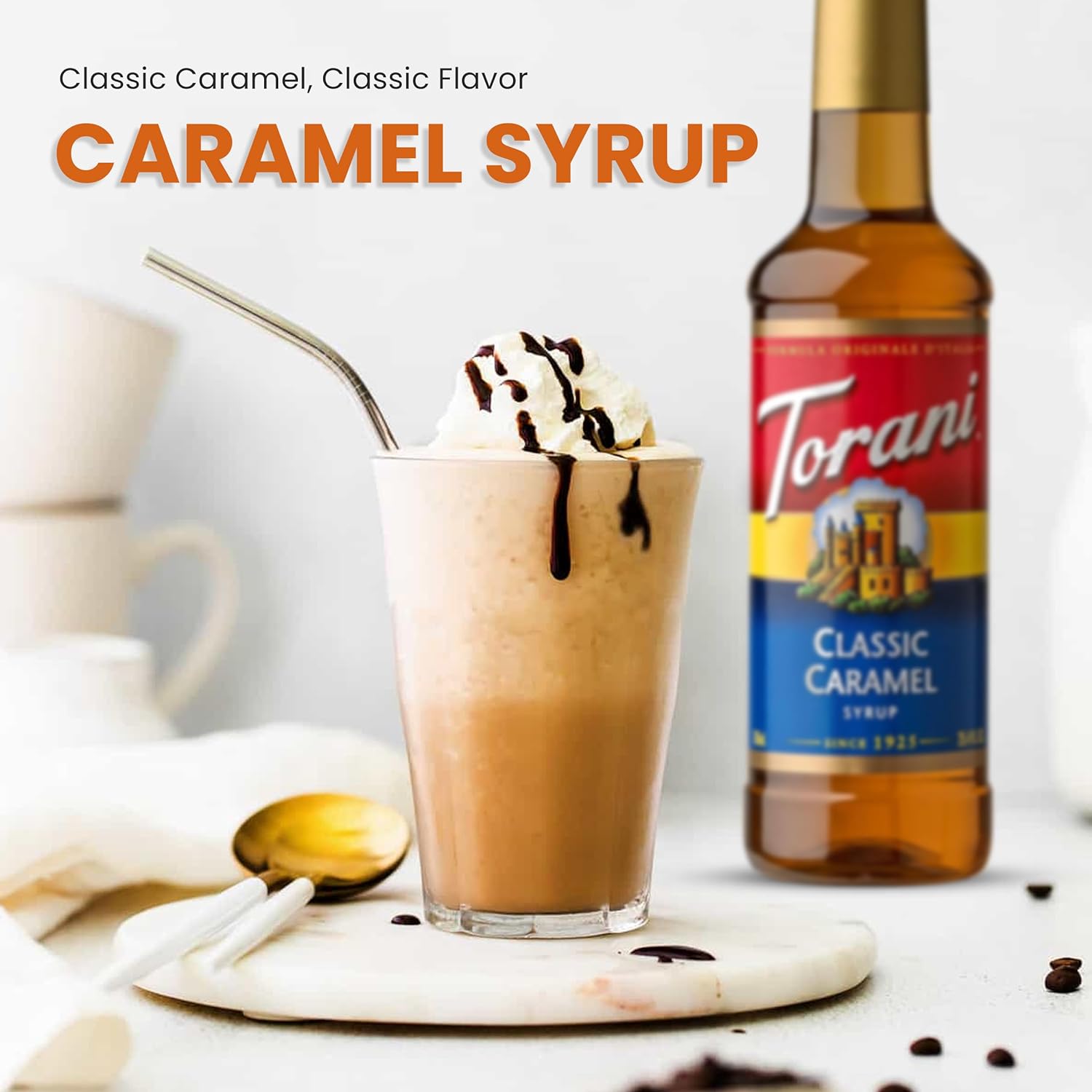 Torani Coffee Syrup Variety Pack - Vanilla and Classic Caramel Syrup for Coffee with 2 Jimoco Syrup Pump Dispenser