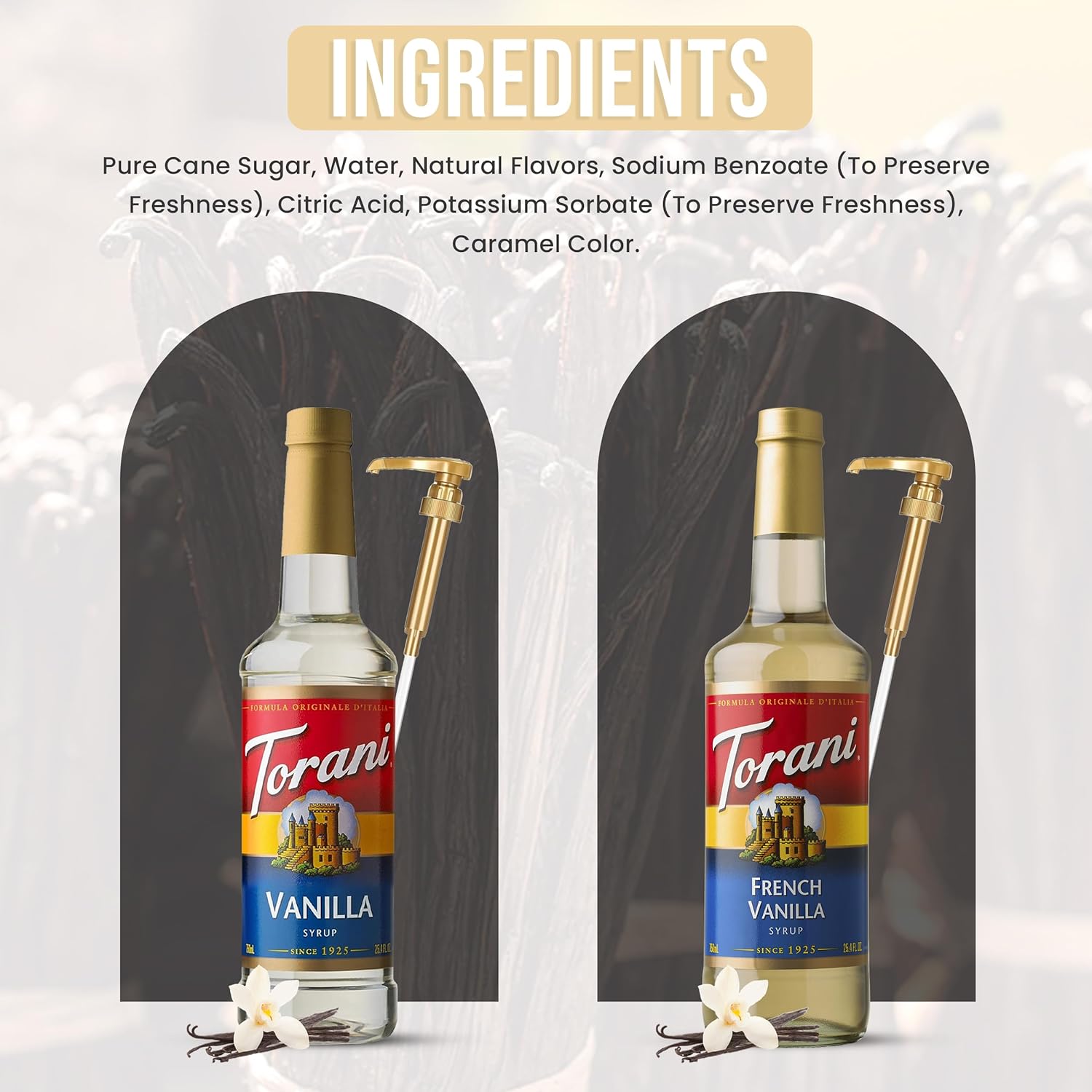 Torani Coffee Syrup Variety Pack - French Vanilla & Vanilla Syrup for Coffee with 2 Jimoco Syrup Pump Dispenser