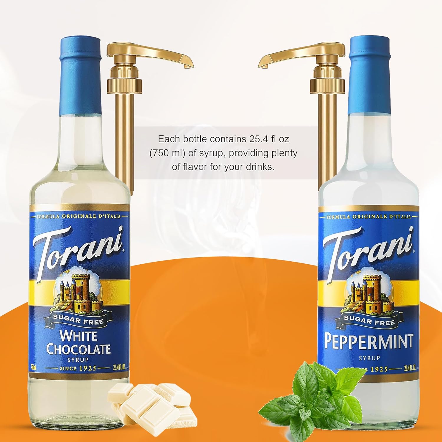 Torani Winter Flavors Coffee Syrup Variety Pack - Sugar Free Peppermint and White Chocolate Syrup for Coffee with 2 Jimoco Syrup Pump Dispenser