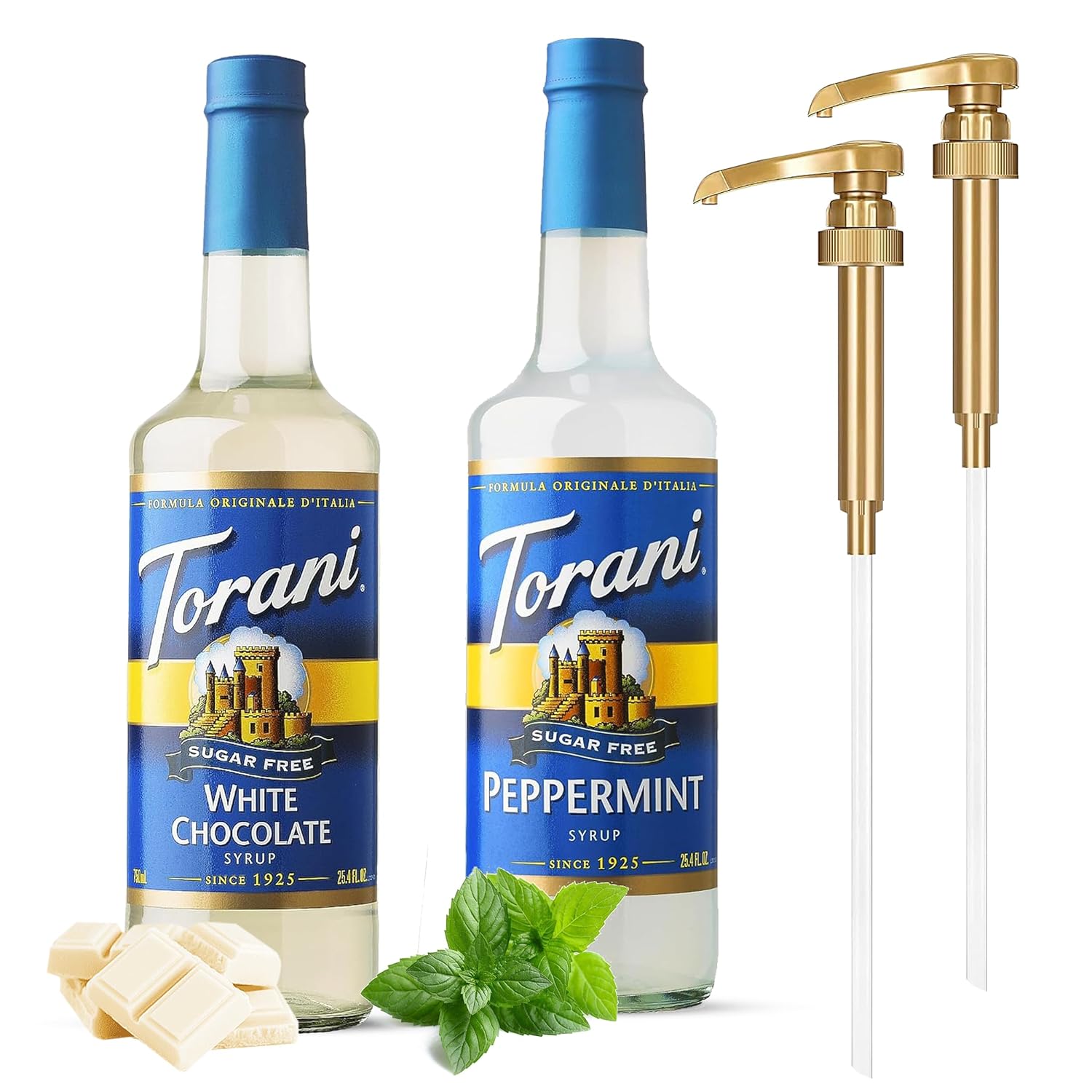 Torani Winter Flavors Coffee Syrup Variety Pack - Sugar Free Peppermint and White Chocolate Syrup for Coffee with 2 Jimoco Syrup Pump Dispenser