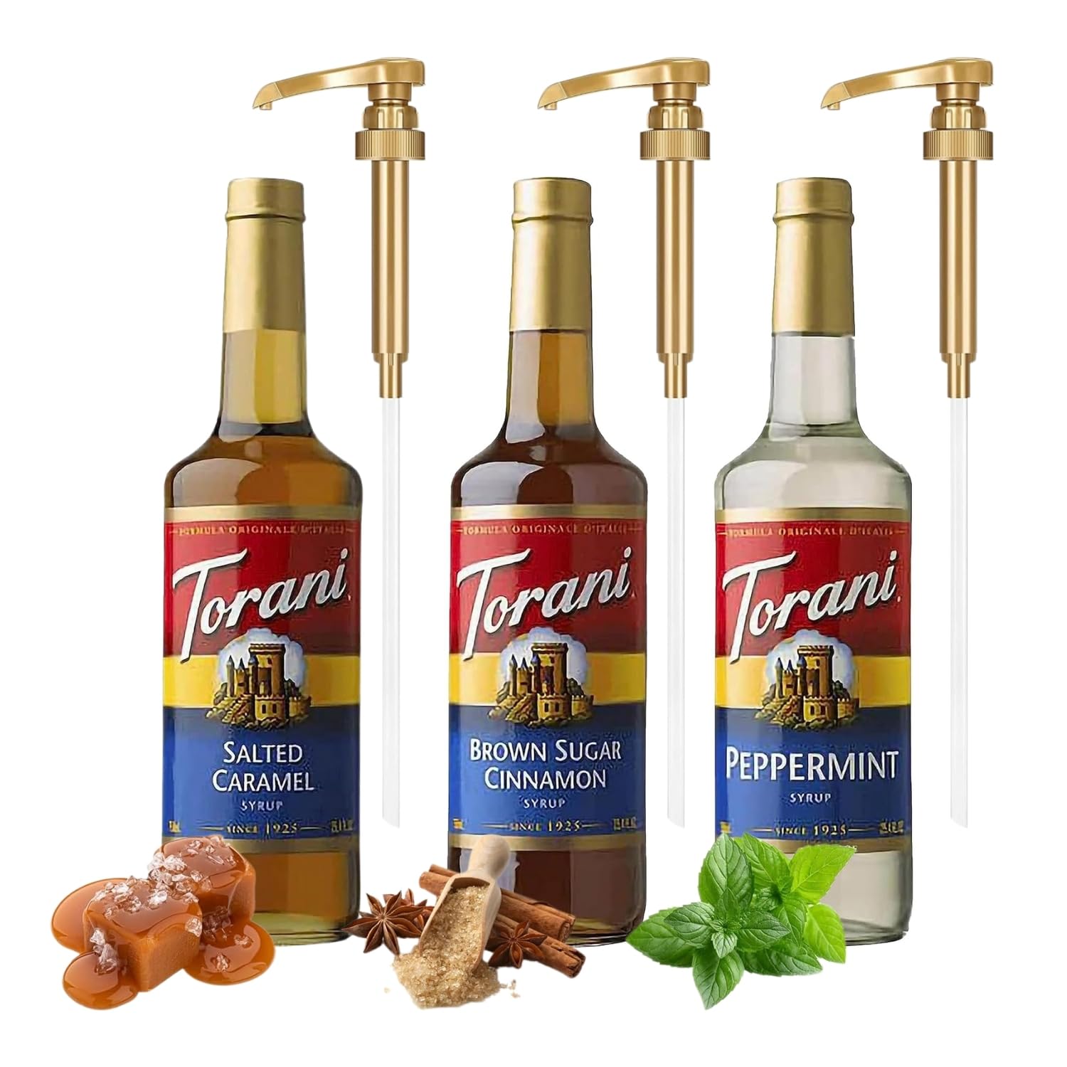 Sugar-Free Syrup Trio - Peach, Strawberry & Raspberry with 3 Jimoco Pump Dispensers- Coffee & Italian Soda Flavoring for Drinks Three 25.4 Oz Bottles