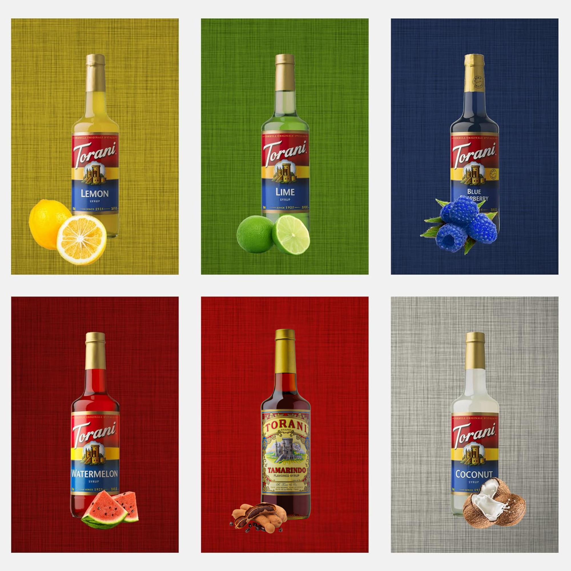 Torani Summer Variety Syrup - Lemon, Lime, Coconut, Blue Raspberry, Watermelon & Tamarindo Syrups For Coffee,Italian Soda, Lattes, Frappes Flavor- 6 Pack With 6 Jimoco Pumps