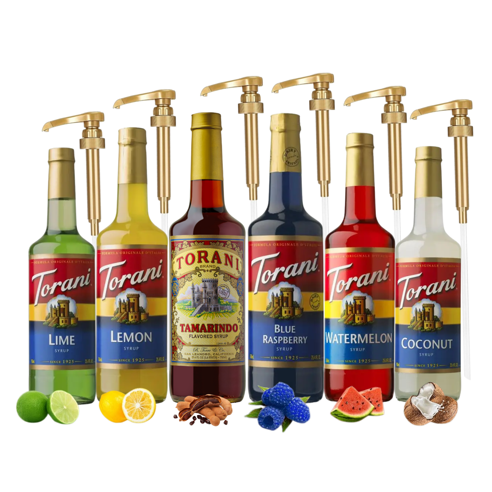 Torani Summer Variety Syrup - Lemon, Lime, Coconut, Blue Raspberry, Watermelon & Tamarindo Syrups For Coffee,Italian Soda, Lattes, Frappes Flavor- 6 Pack With 6 Jimoco Pumps