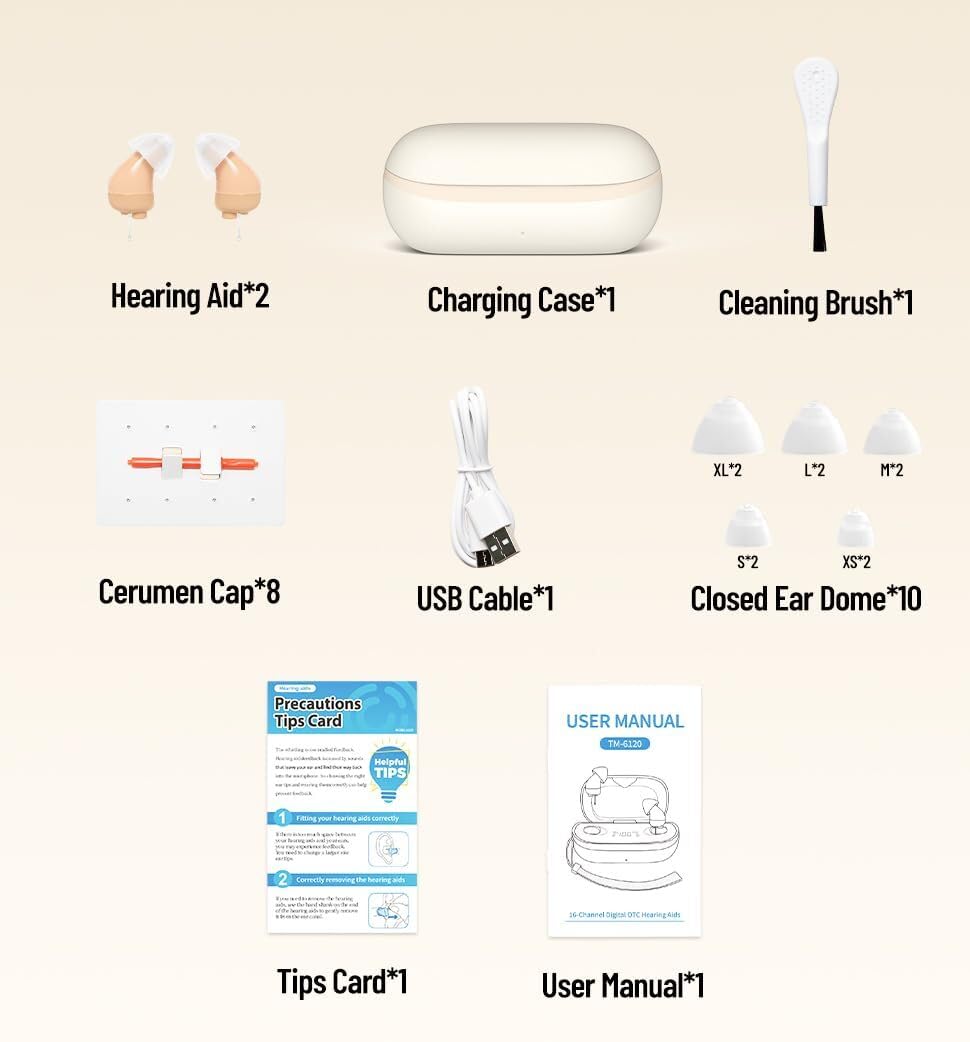 Supermini Rechargeable Hearing Aids – 16-Channel Digital Sound Processing, Noise-Canceling OTC Hearing Device, Auto On/Off, Comfortable Fit, Beige
