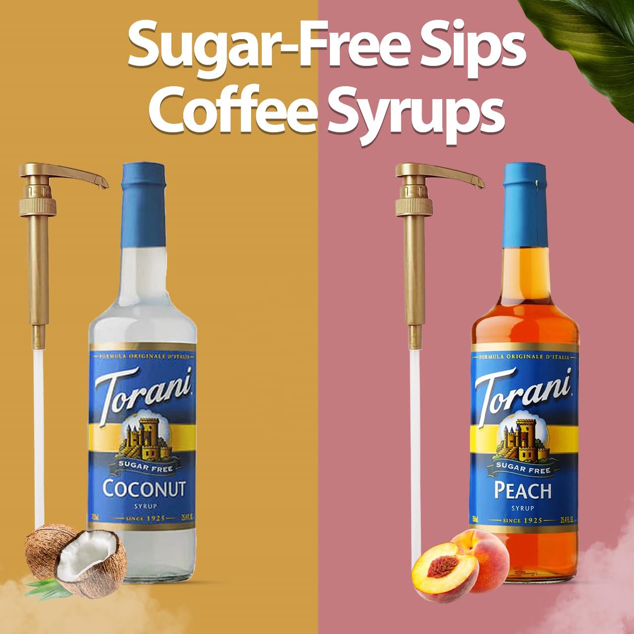 Torani Coffee and Tea Syrup Variety Pack - Sugar Free Coconut & Peach Syrup for Coffee with 2 Jimoco Syrup Pump Dispenser Compatible with Torani Syrup - Flavoring For Coffe, Soda, Frappes, Lattes