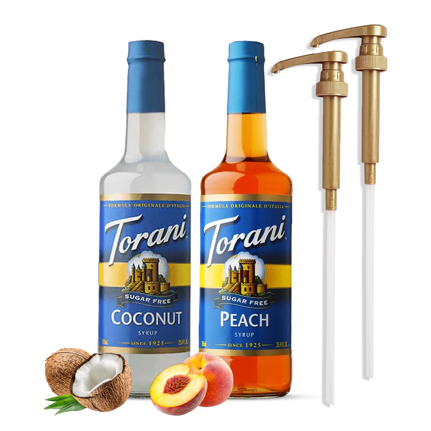 Torani Coffee and Tea Syrup Variety Pack - Sugar Free Coconut & Peach Syrup for Coffee with 2 Jimoco Syrup Pump Dispenser Compatible with Torani Syrup - Flavoring For Coffe, Soda, Frappes, Lattes