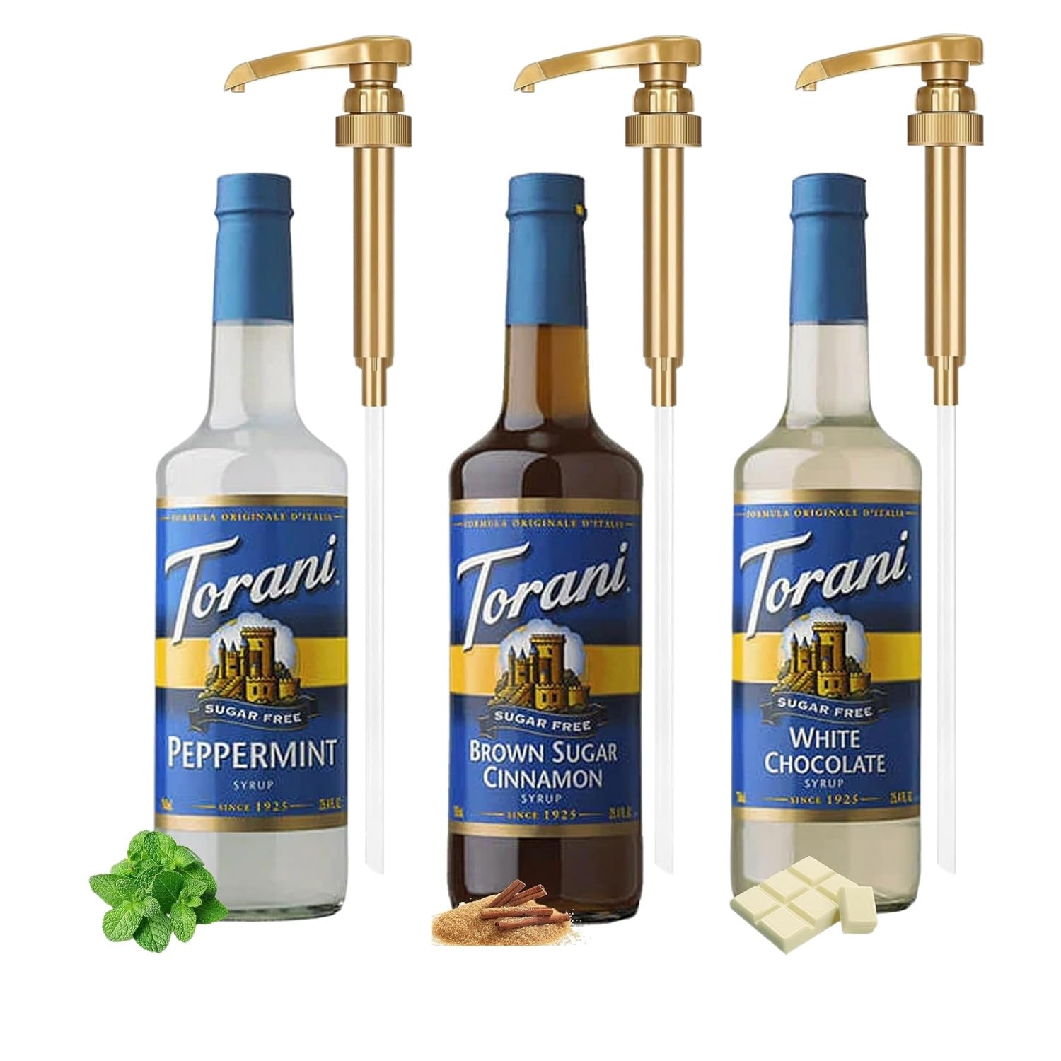 Sugar-Free Syrup Trio - SF Brown Sugar Cinnamon,Peppermint,& White Chocolate - Coffee & Italian Soda Flavoring for Drinks Three 25.4 Oz Bottles with 3 Jimoco Pumps