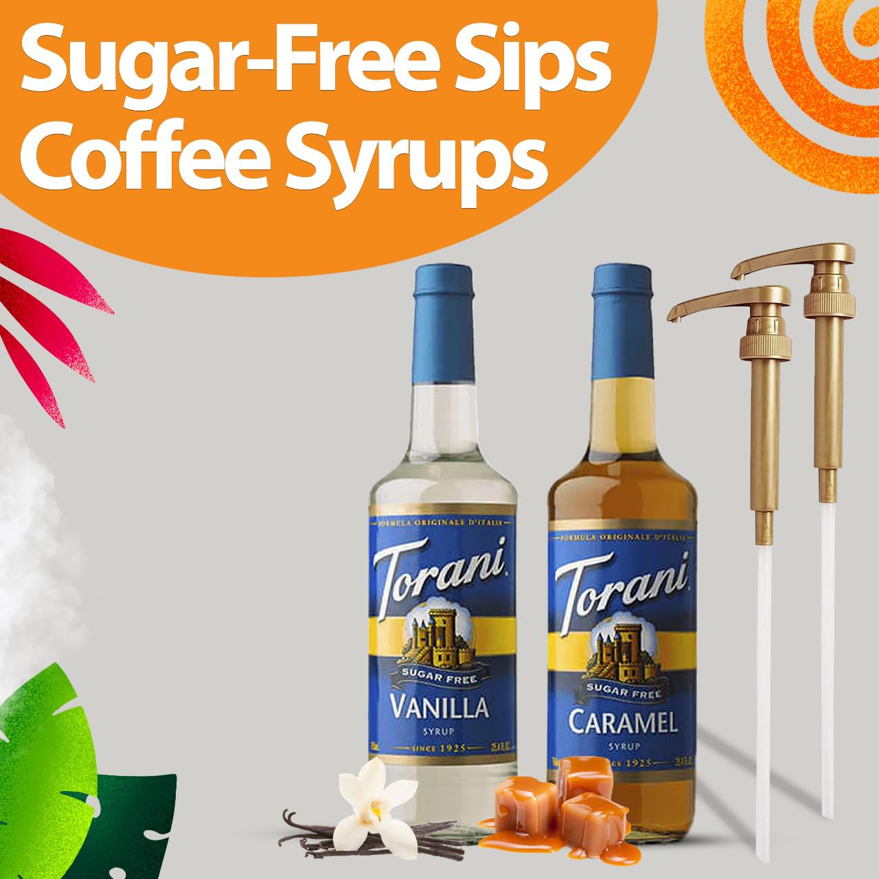 Torani Coffee Syrup Variety Pack - Sugar Free Caramel & Vanilla Syrup for Coffee with 2 Jimoco Syrup Pump Dispenser Compatible with Torani Syrup - Flavoring For Coffe, Soda, Frappes, Lattes