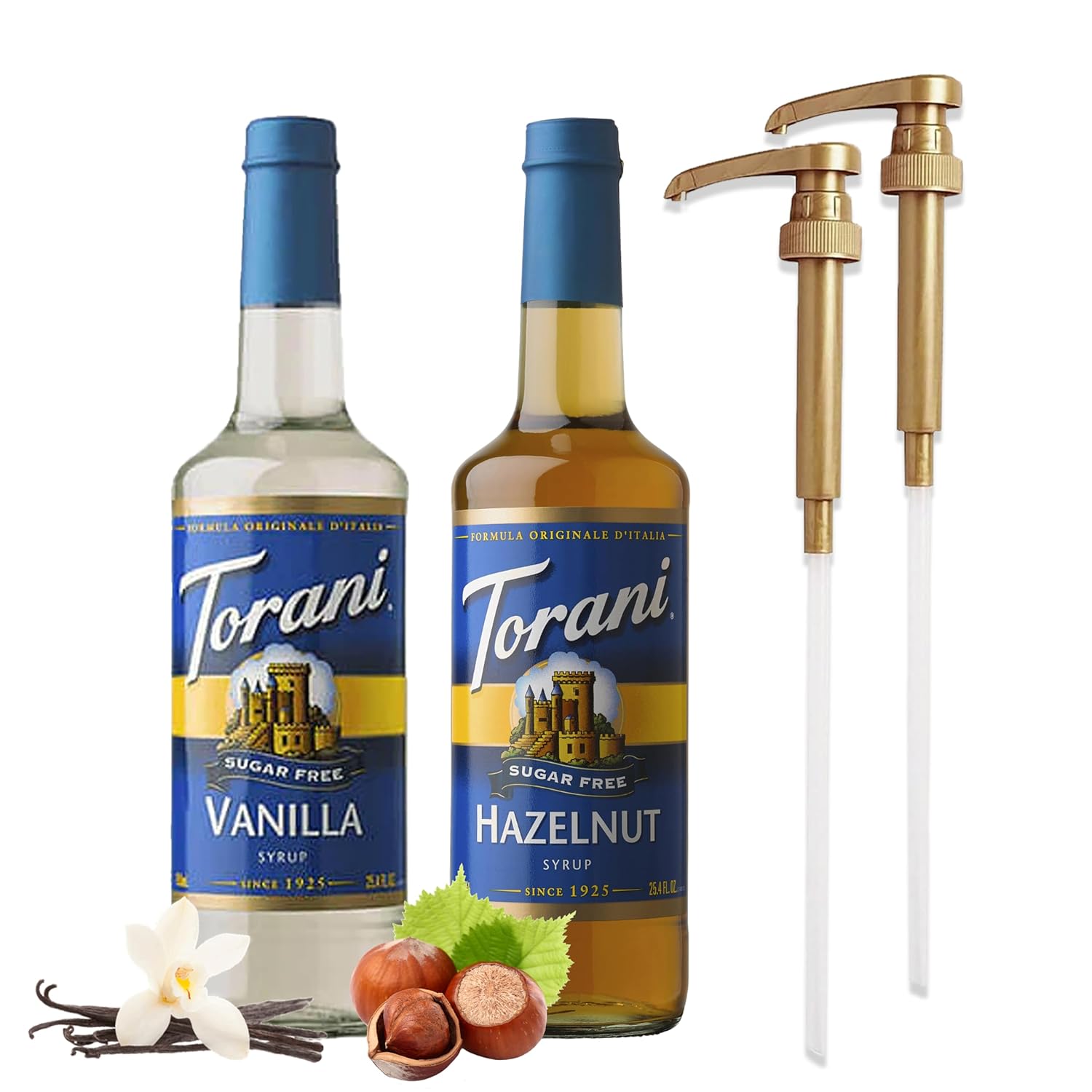 Coffee Syrup Variety Pack - Sugar Free Vanilla and Hazelnut Syrup for Coffee with 2 Jimoco Syrup Pump Dispenser Compatible with Torani Syrup 25.4 Ounces for Vanilla & Hazelnut Flavored Coffee, Italian Soda, Lattes, Frappes