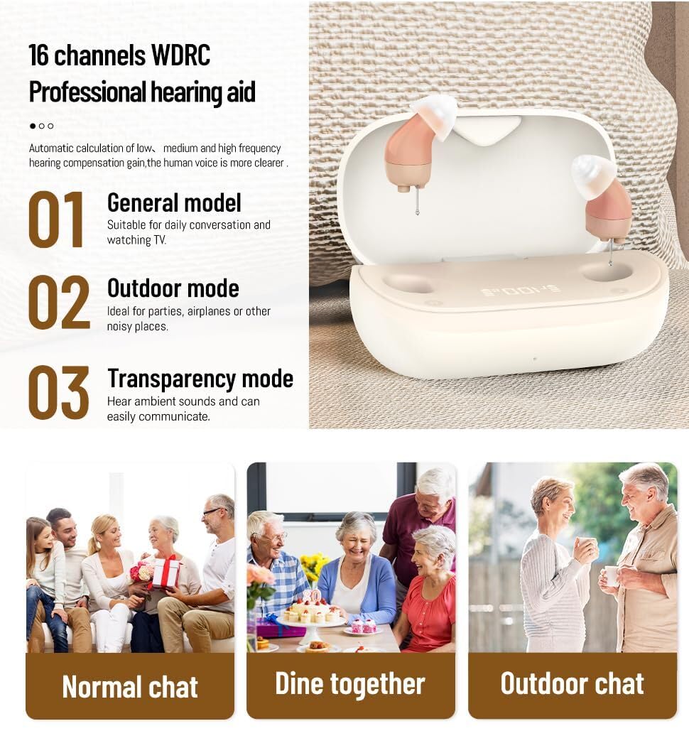 Supermini Rechargeable Hearing Aids – 16-Channel Digital Sound Processing, Noise-Canceling OTC Hearing Device, Auto On/Off, Comfortable Fit, Beige