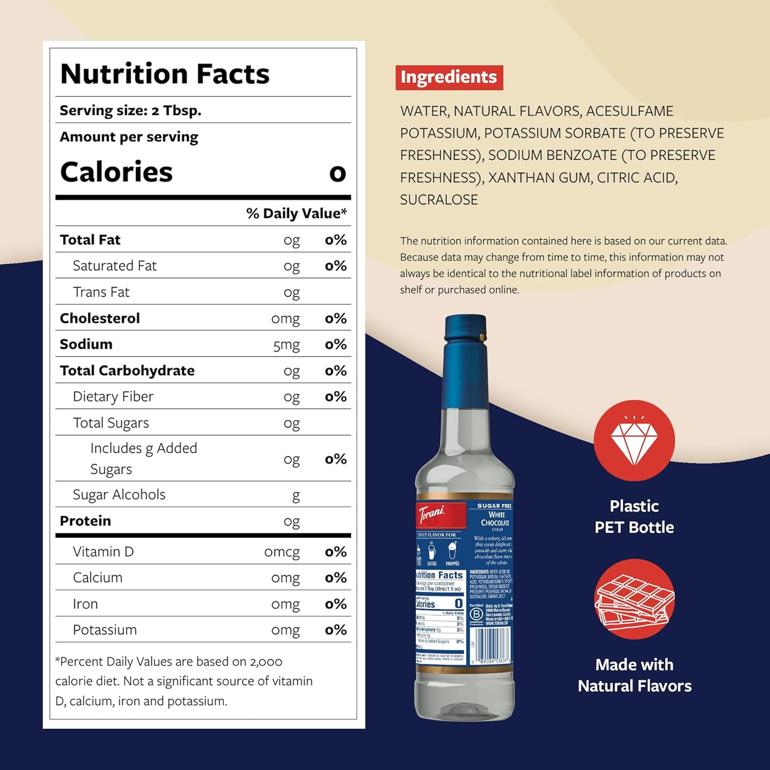 Torani Sugar Free Coffee Syrup, White Chocolate Flavored Syrup for Drinks, Zero Calorie, Pump Included, 25.4 Fl Oz