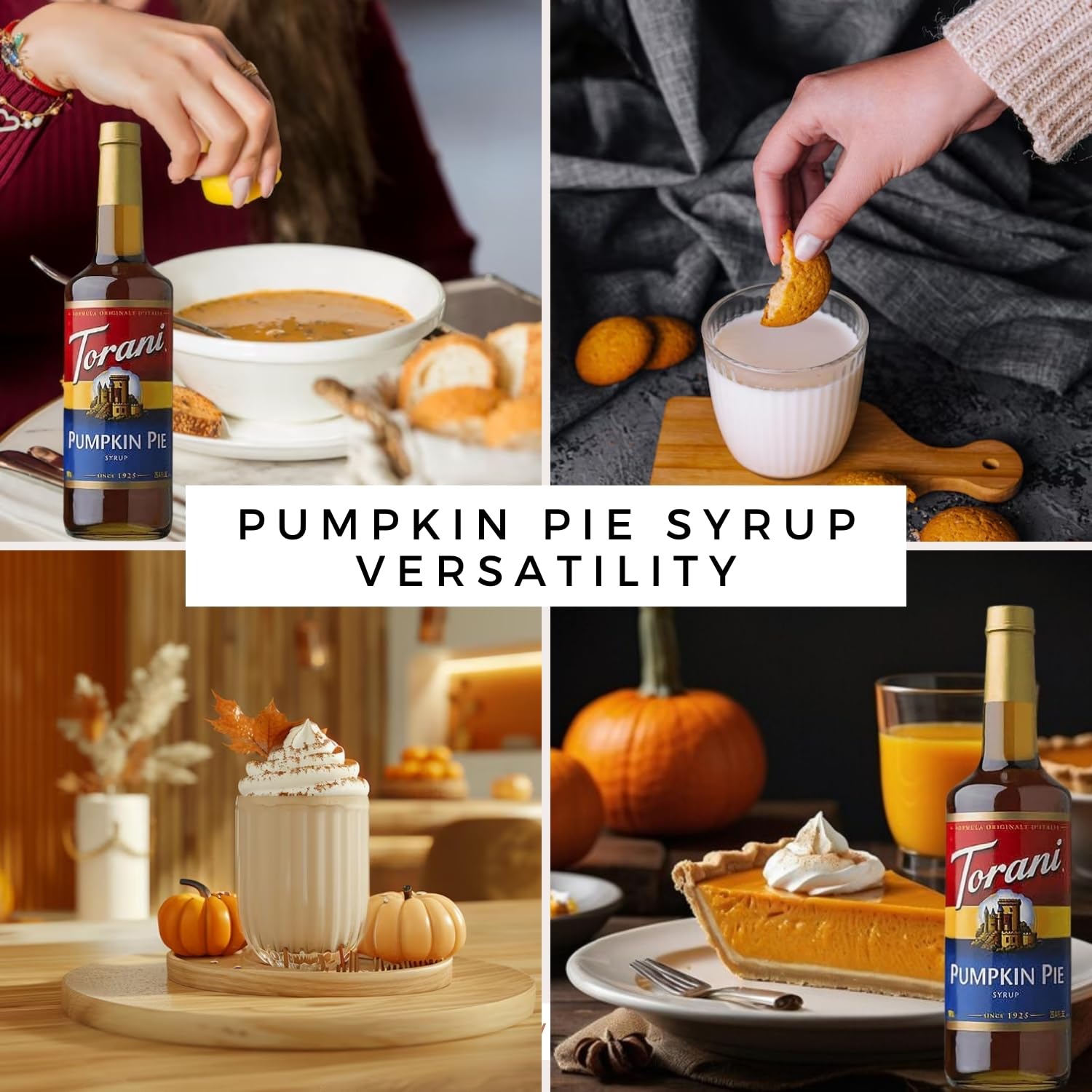 Fall Winter Syrup 4 Pack, Pumpkin Pie, Peppermint, Salted Caramel & Brown Sugar Cinnamon Coffee Soda Flavoring with 4 Jimoco Pump Dispenser