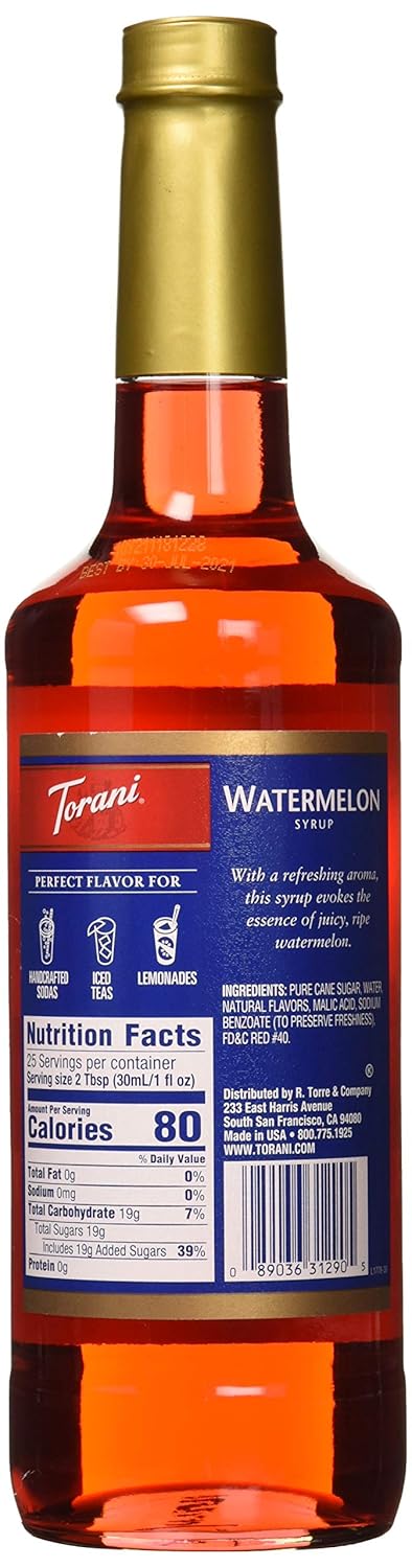 Torani Watermelon Syrup for Coffee, Tea, Cocktails & More | Classic Summer Flavor Drink Mix for Lattes, Lemonades, Italian Sodas, & Desserts | 25.4 Fl Oz Bottle with Jimoco Syrup Pump | Kosher, Gluten Free