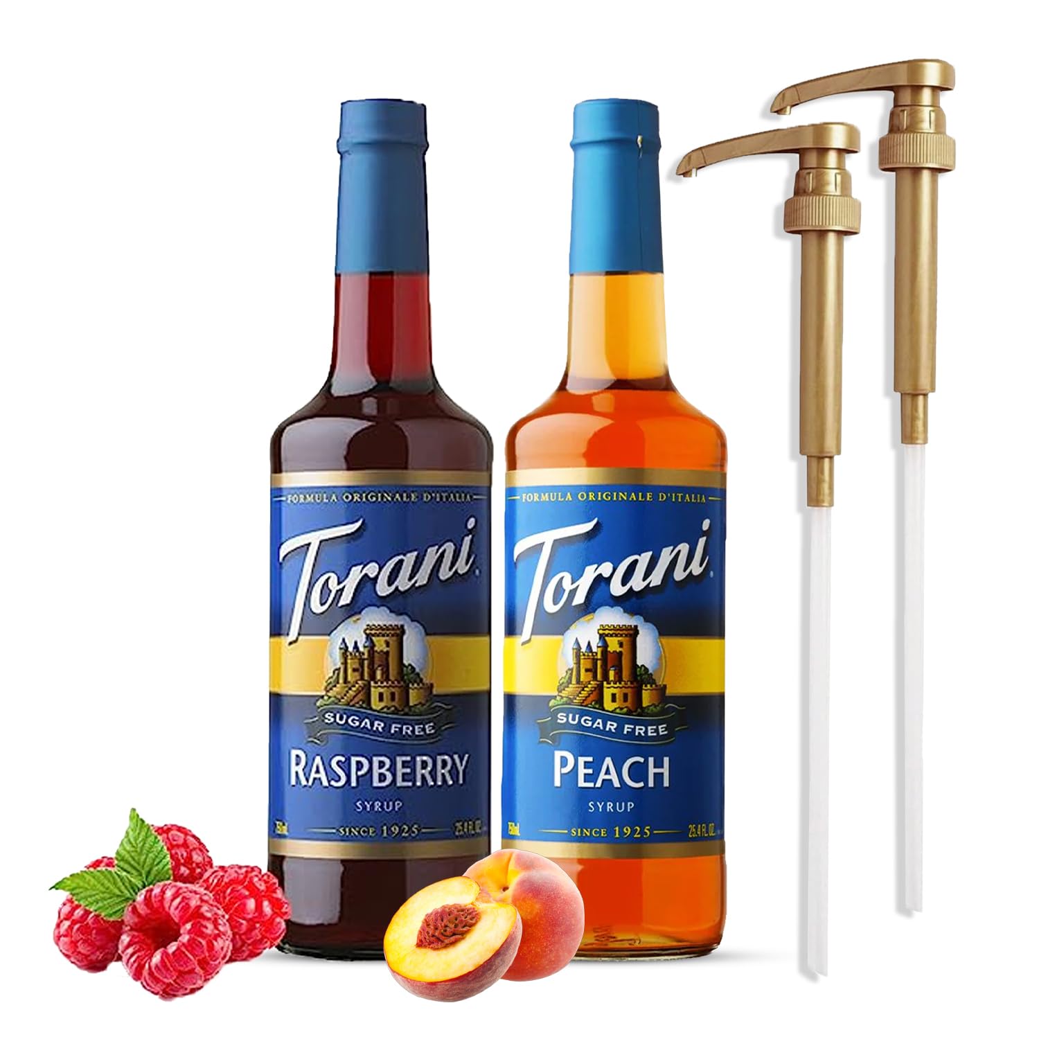 Coffee Syrup Variety Pack - Sugar Free Raspberry & Peach Syrup for Coffee with 2 Jimoco Syrup Pump Dispenser Compatible with Torani Syrup 25.4 Ounces for Raspberry & Peach Flavored Coffee, Italian Soda, Lattes, Frappes