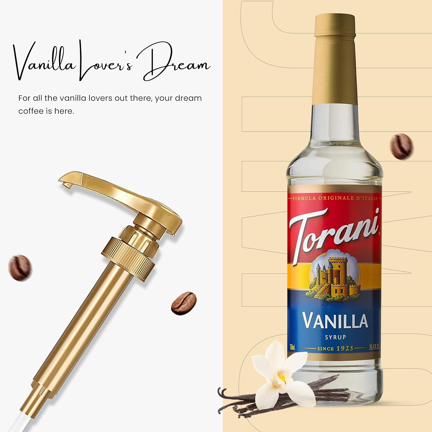 Torani Coffee Syrup Variety Pack - French Vanilla & Vanilla Syrup for Coffee with 2 Jimoco Syrup Pump Dispenser Compatible with Torani Syrup 25.4 Ounces for Flavored Coffee, Italian Soda, Lattes, Frappes