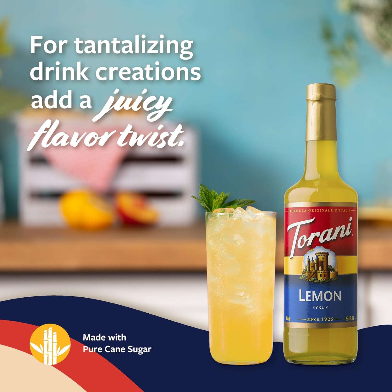 Torani Lemon Syrup for Drinks, Flavoring for Iced Tea, Sodas, and Cocktails, Glass Bottle with Pump Included, 25.4 Fl Oz