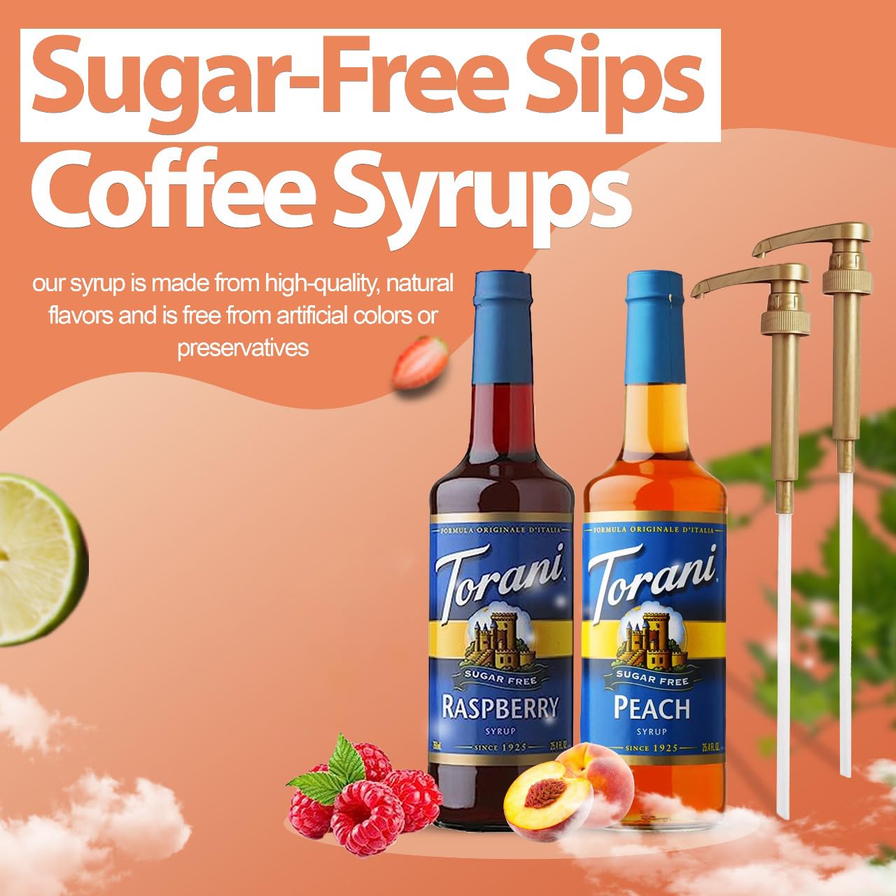 Torani Coffee and Tea Syrup Variety Pack - Sugar Free Raspberry & Peach Syrup for Coffee with 2 Jimoco Syrup Pump Dispenser Compatible with Torani Syrup - Flavoring For Coffe, Soda, Frappes, Lattes