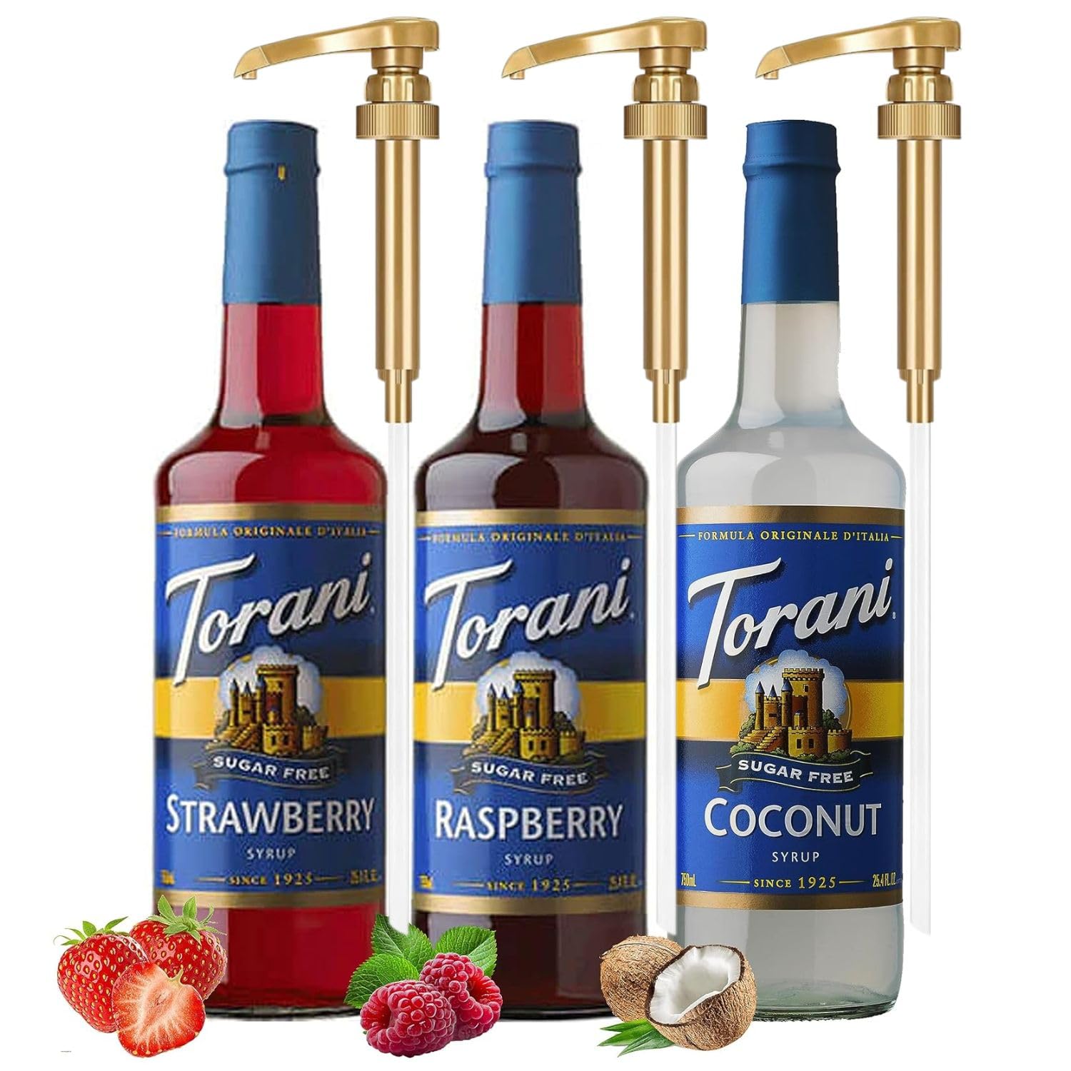 Sugar-Free Syrup Trio - Coconut, Strawberry & Raspberry - Coffee & Italian Soda Flavoring for Drinks Three 25.4 Oz Bottles with 3 Jimoco Pump Dispensers