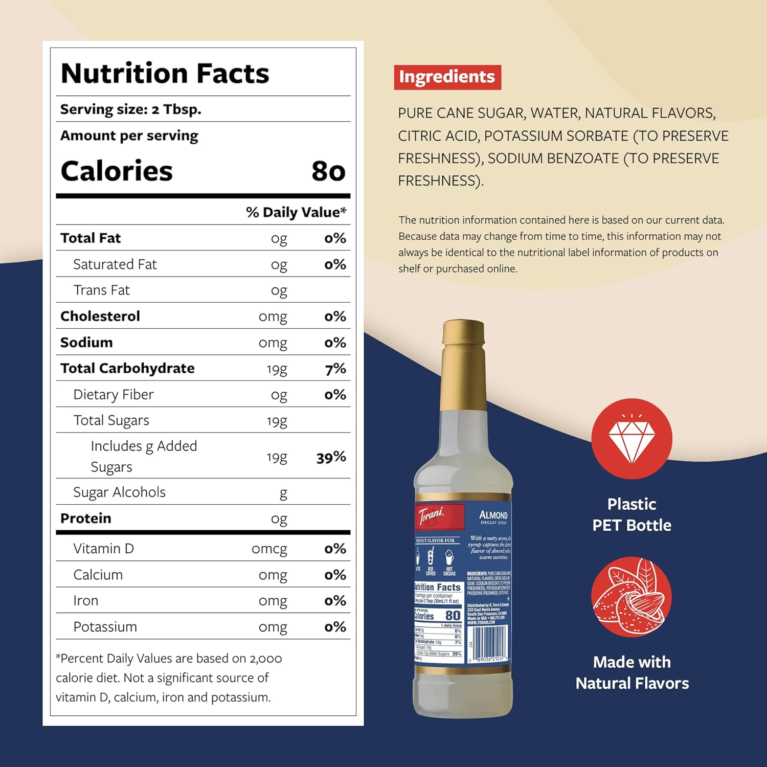 Torani Coffee Syrup, Almond Orgeat Flavored Syrup for Drinks, Pump Included, 25.4 Fl Oz