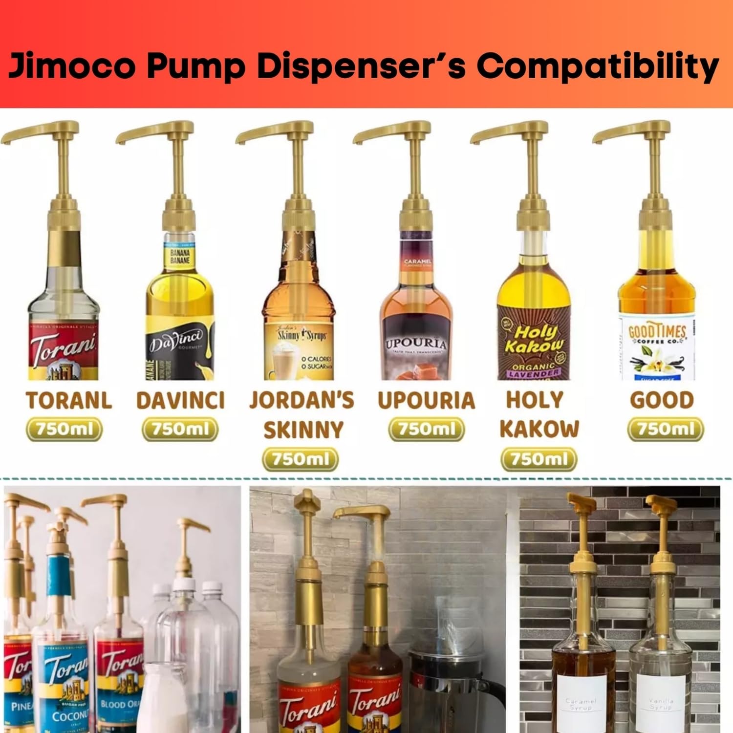 Original Bestsellers Syrup Variety 6-Pack - Vanilla, Peach, Strawberry, Coconut, Salted Caramel & White Chocolate - Coffee & Italian Soda Flavor Syrup with 6 Jimoco Dispenser Pumps