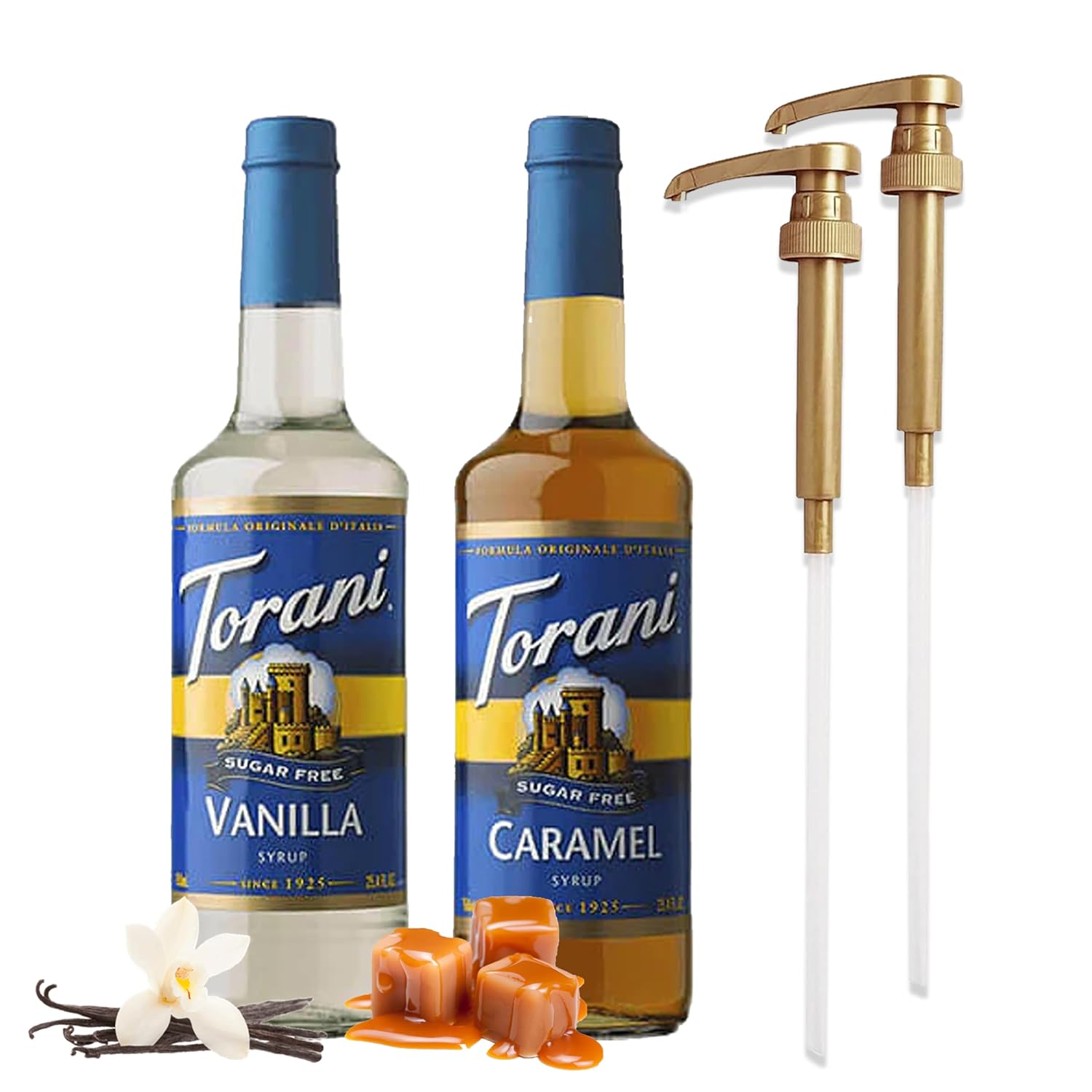 Torani Coffee Syrup Variety Pack - Sugar Free Caramel & Vanilla Syrup for Coffee with 2 Jimoco Syrup Pump Dispenser Compatible with Torani Syrup - Flavoring For Coffe, Soda, Frappes, Lattes