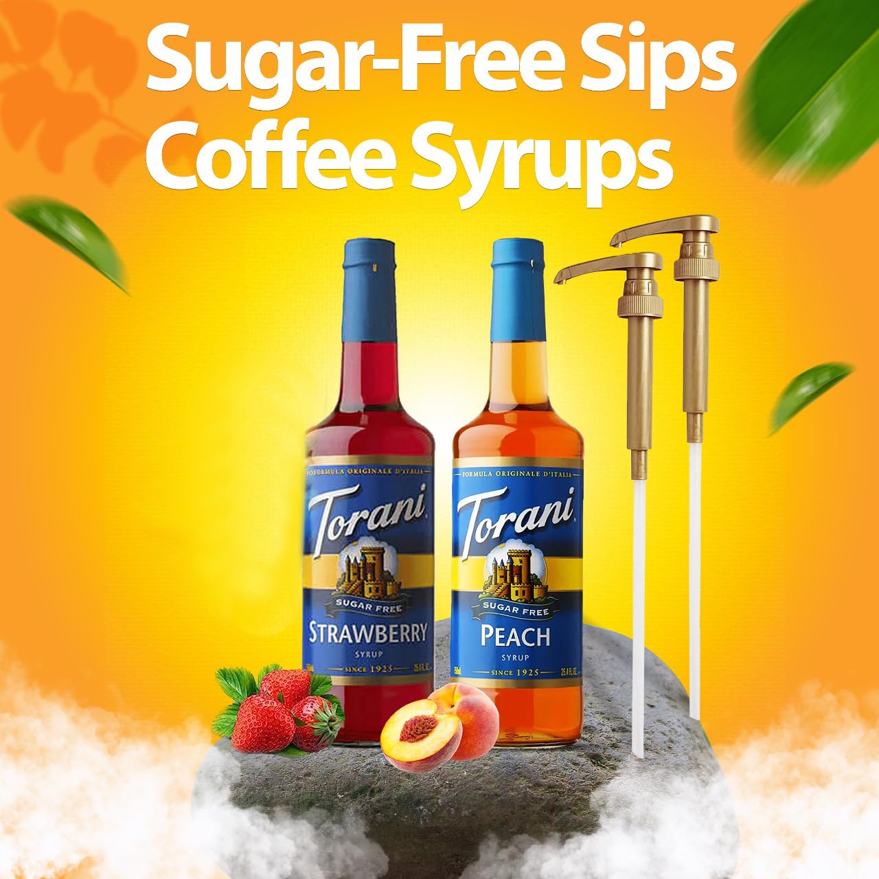 Torani Coffee and Tea Syrup Variety Pack - Sugar Free Strawberry & Peach Syrup for Coffee with 2 Jimoco Syrup Pump Dispenser Compatible with Torani Syrup - Flavoring For Coffe, Soda, Frappes, Lattes