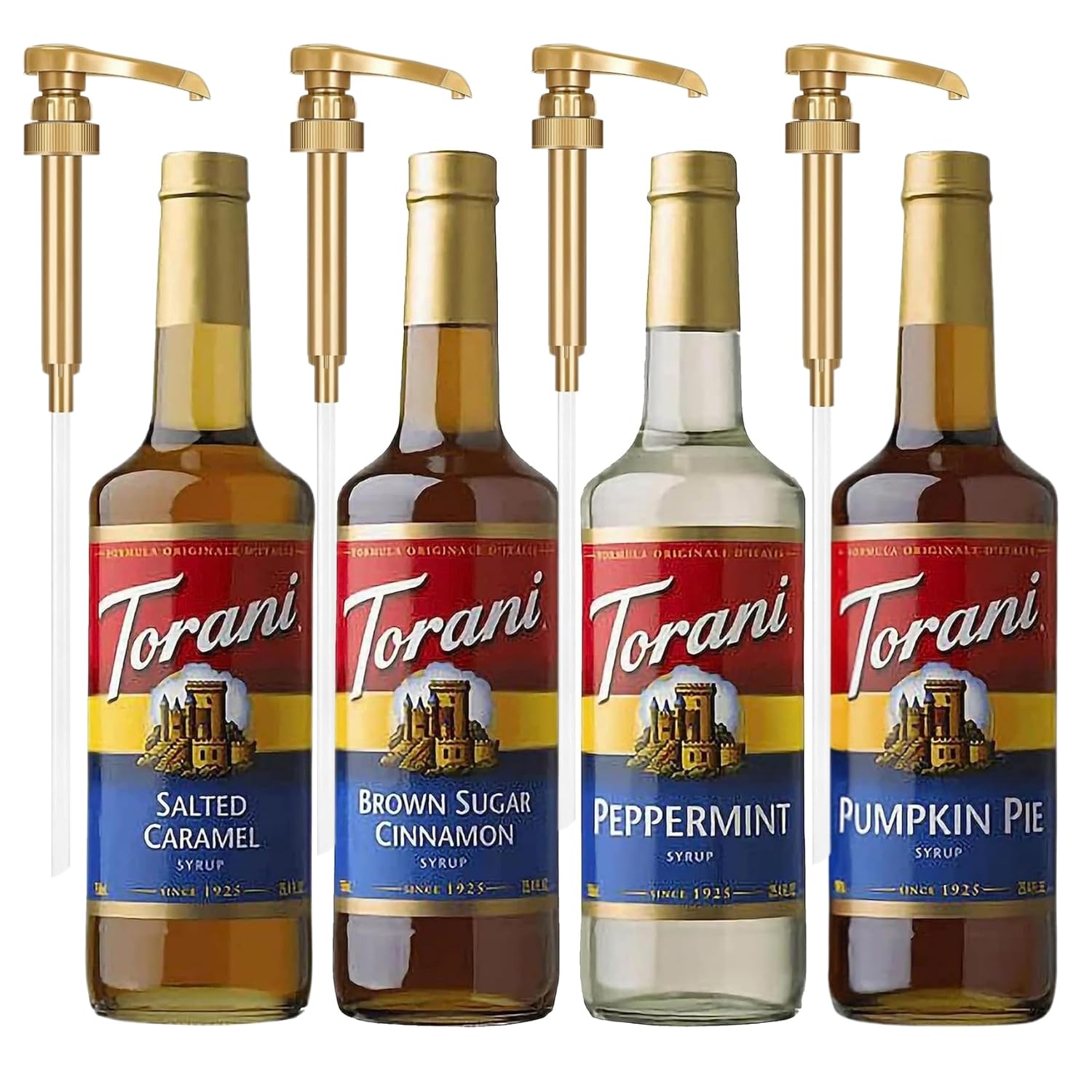 Fall Winter Syrup 4 Pack, Pumpkin Pie, Peppermint, Salted Caramel & Brown Sugar Cinnamon Coffee Soda Flavoring with 4 Jimoco Pump Dispenser