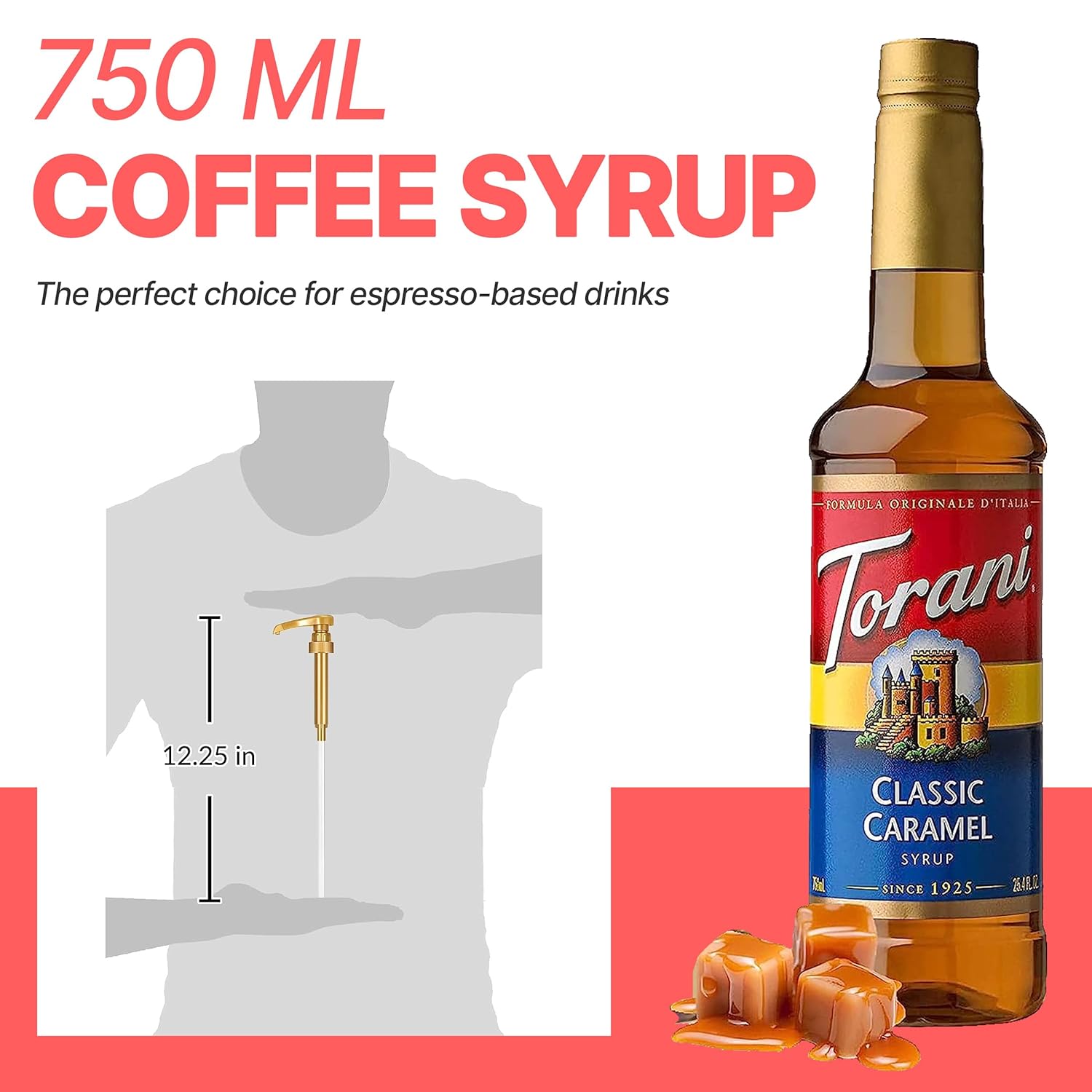 Torani Coffee Syrup Variety Pack - French Vanilla and Classic Caramel Syrup for Coffee with 2 Jimoco Syrup Pump Dispenser Compatible with Torani Syrup