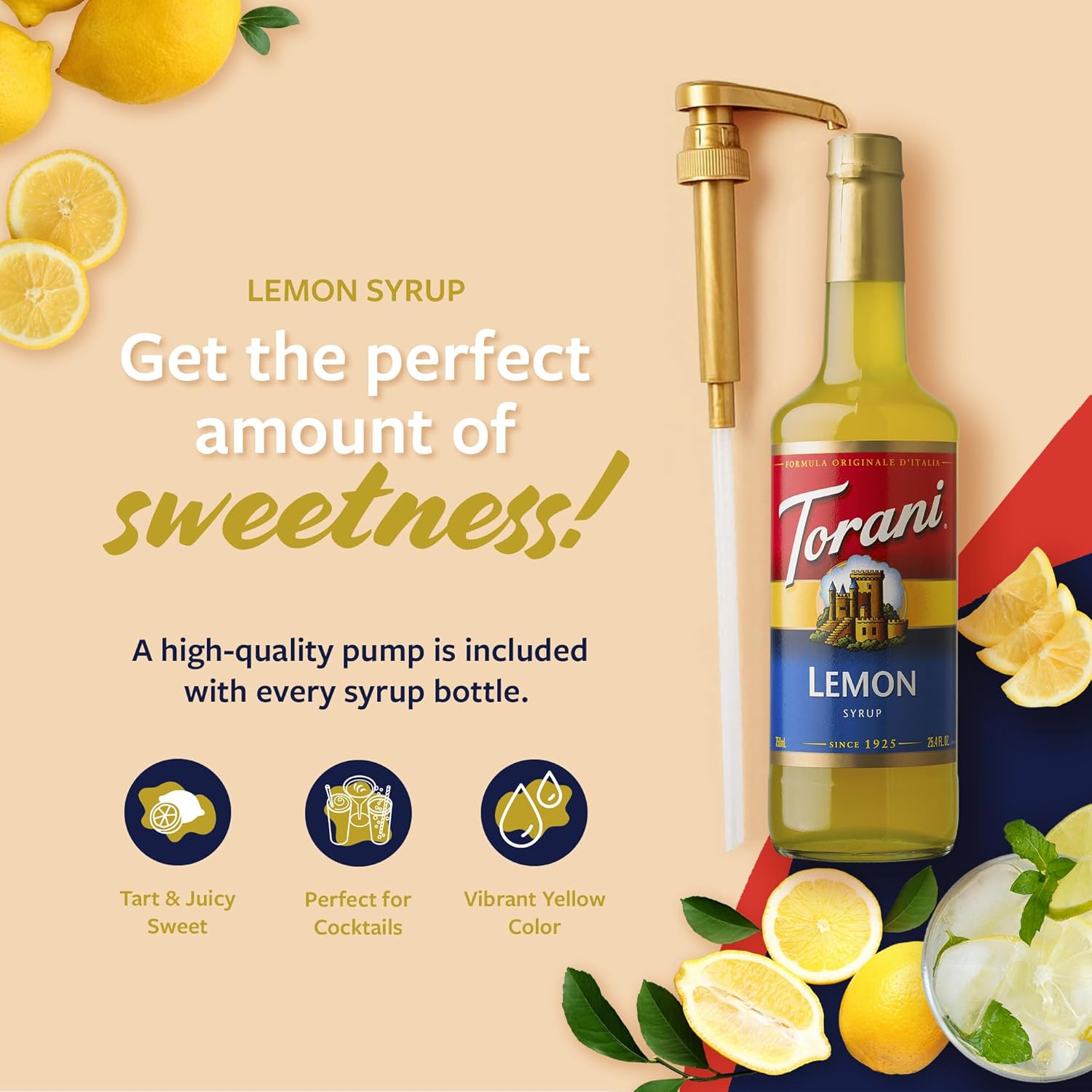 Torani Lemon Syrup for Drinks, Flavoring for Iced Tea, Sodas, and Cocktails, Glass Bottle with Pump Included, 25.4 Fl Oz