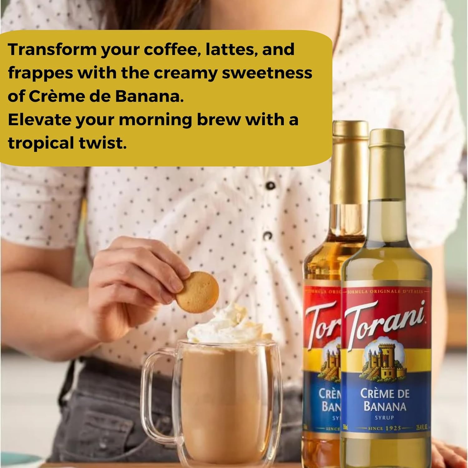 CREME DE Banana Syrup for Coffee 25.4 Ounces Coffee Syrups and Flavors with Jimoco Pump Syrup Dispenser