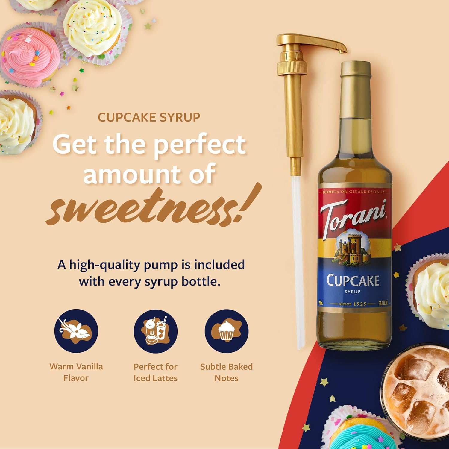 Torani Coffee Syrup, Cupcake Flavoring for Drinks, Glass Bottle with Pump Included, 25.4 Fl Oz