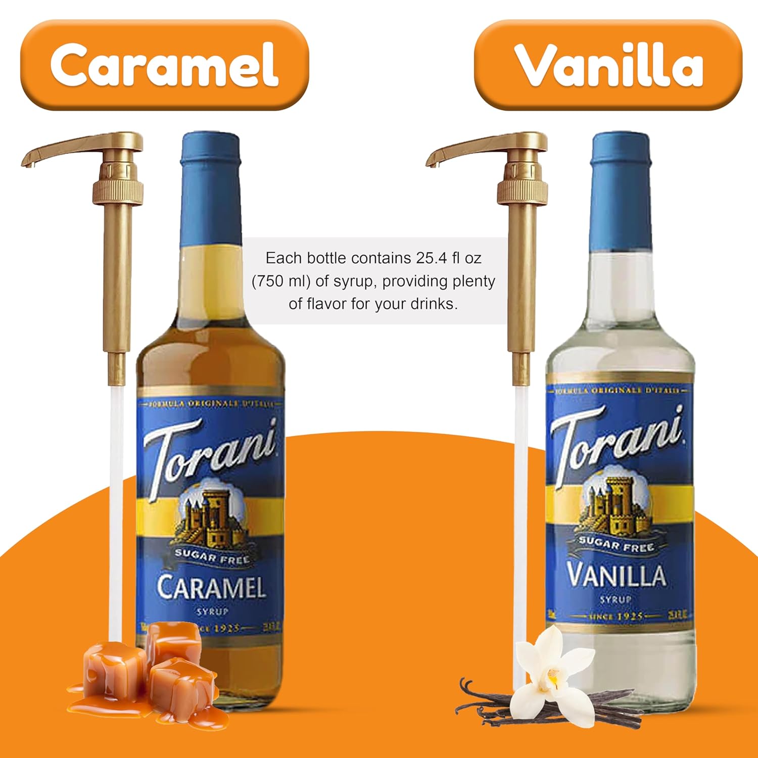 Torani Coffee and Tea Syrup Variety Pack - SF Vanilla and Caramel Syrup for Coffee with 2 Jimoco Syrup Pump Dispenser Compatible with Torani Syrup