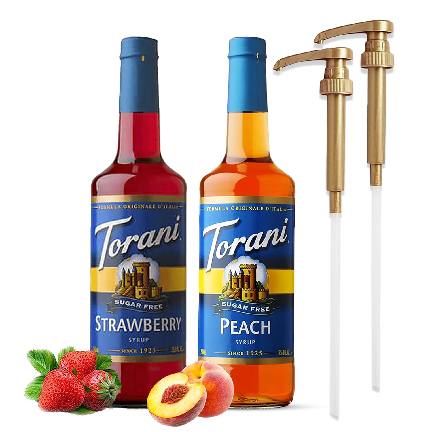 Torani Coffee and Tea Syrup Variety Pack - Sugar Free Strawberry & Peach Syrup for Coffee with 2 Jimoco Syrup Pump Dispenser Compatible with Torani Syrup - Flavoring For Coffe, Soda, Frappes, Lattes