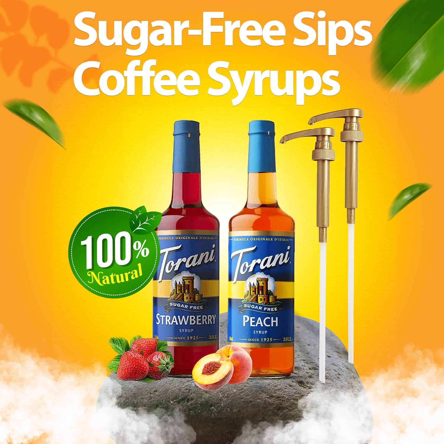 Coffee Syrup Variety Pack - Sugar Free Strawberry & Peach Syrup for Coffee with 2 Jimoco Syrup Pump Dispenser Compatible with Torani Syrup 25.4 Ounces for Strawberry & Peach Flavored Coffee, Italian Soda, Lattes, Frappes