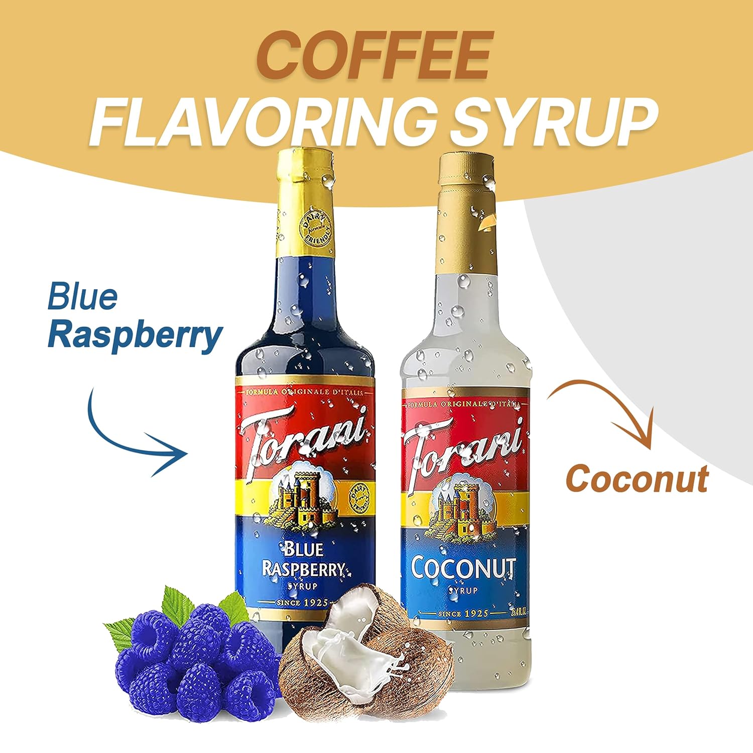 Torani Coffee and Tea Syrup Variety Pack - Blue Raspberry and Coconut Syrup for Coffee with 2 Jimoco Syrup Pump Dispenser Compatible with Torani Syrup