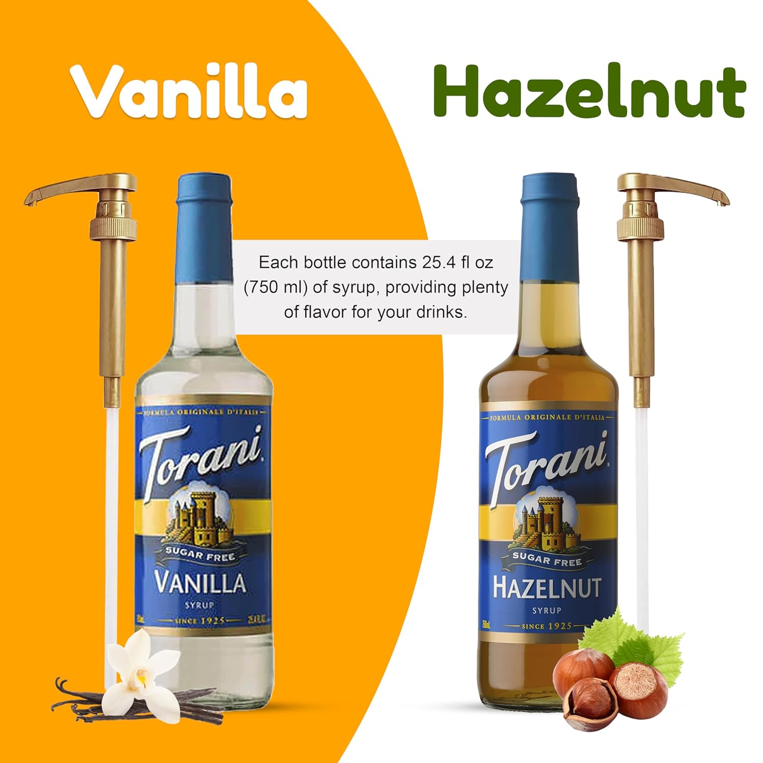 Coffee Syrup Variety Pack - Sugar Free Vanilla and Hazelnut Syrup for Coffee with 2 Jimoco Syrup Pump Dispenser Compatible with Torani Syrup 25.4 Ounces for Vanilla & Hazelnut Flavored Coffee, Italian Soda, Lattes, Frappes