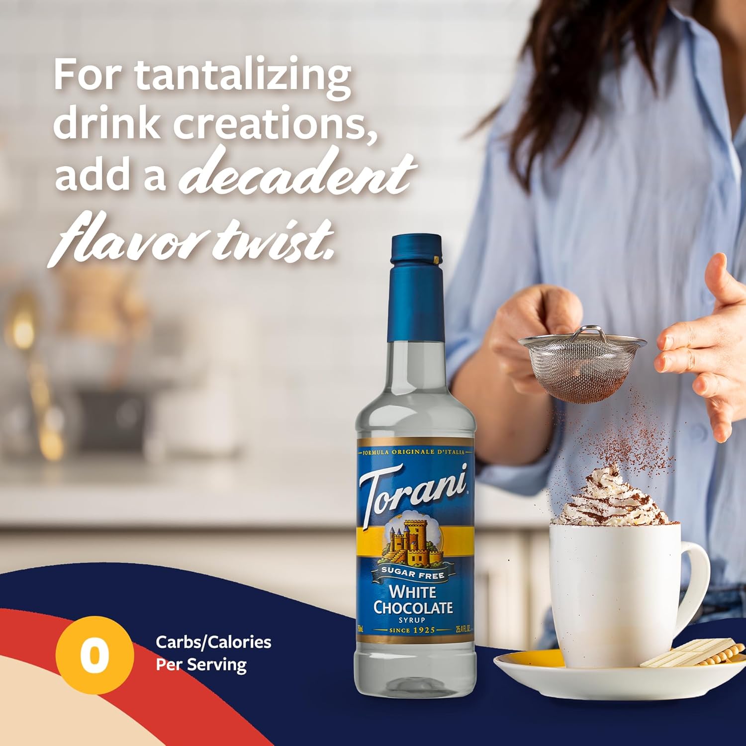 Torani Sugar Free Coffee Syrup, White Chocolate Flavored Syrup for Drinks, Zero Calorie, Pump Included, 25.4 Fl Oz