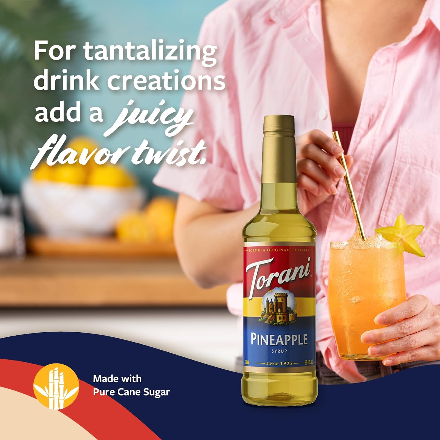 Torani Pineapple Syrup for Drinks, Flavoring for Iced Tea, Lemonade, Sodas, and Cocktails, Pump Included, 25.4 Fl Oz