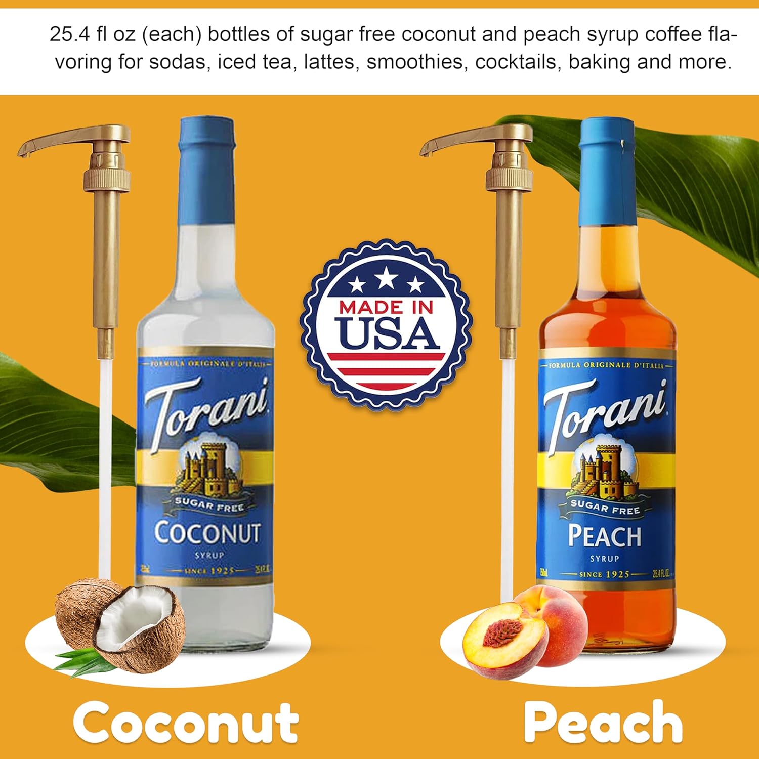 Torani Coffee and Tea Syrup Variety Pack - Sugar Free Coconut & Peach Syrup for Coffee with 2 Jimoco Syrup Pump Dispenser Compatible with Torani Syrup - Flavoring For Coffe, Soda, Frappes, Lattes