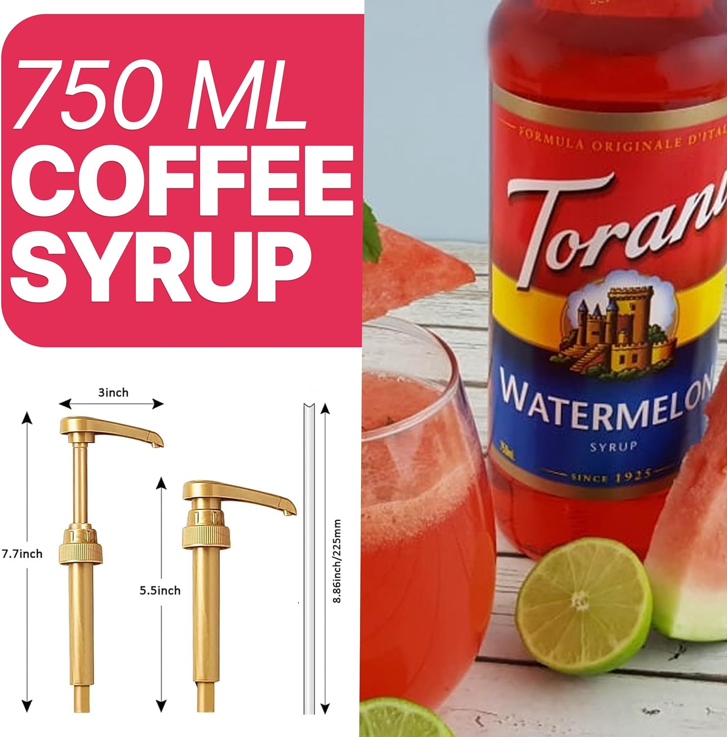 Coffee Syrup Pump Dispenser Fits 750ml Torani, DaVinci, Jordan's Skinny (Monin 33.8oz Plastic Bottles) 2-Pack