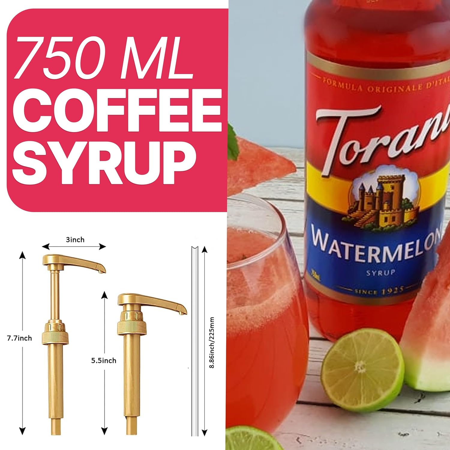 Torani Coffee & Tea Syrup Variety Pack - Watermelon and Blue Raspberry Syrup for Coffee with 2 Jimoco Syrup Pump Dispenser Compatible with Torani Syrup 25.4 Ounces for Watermelon and Blue Raspberry