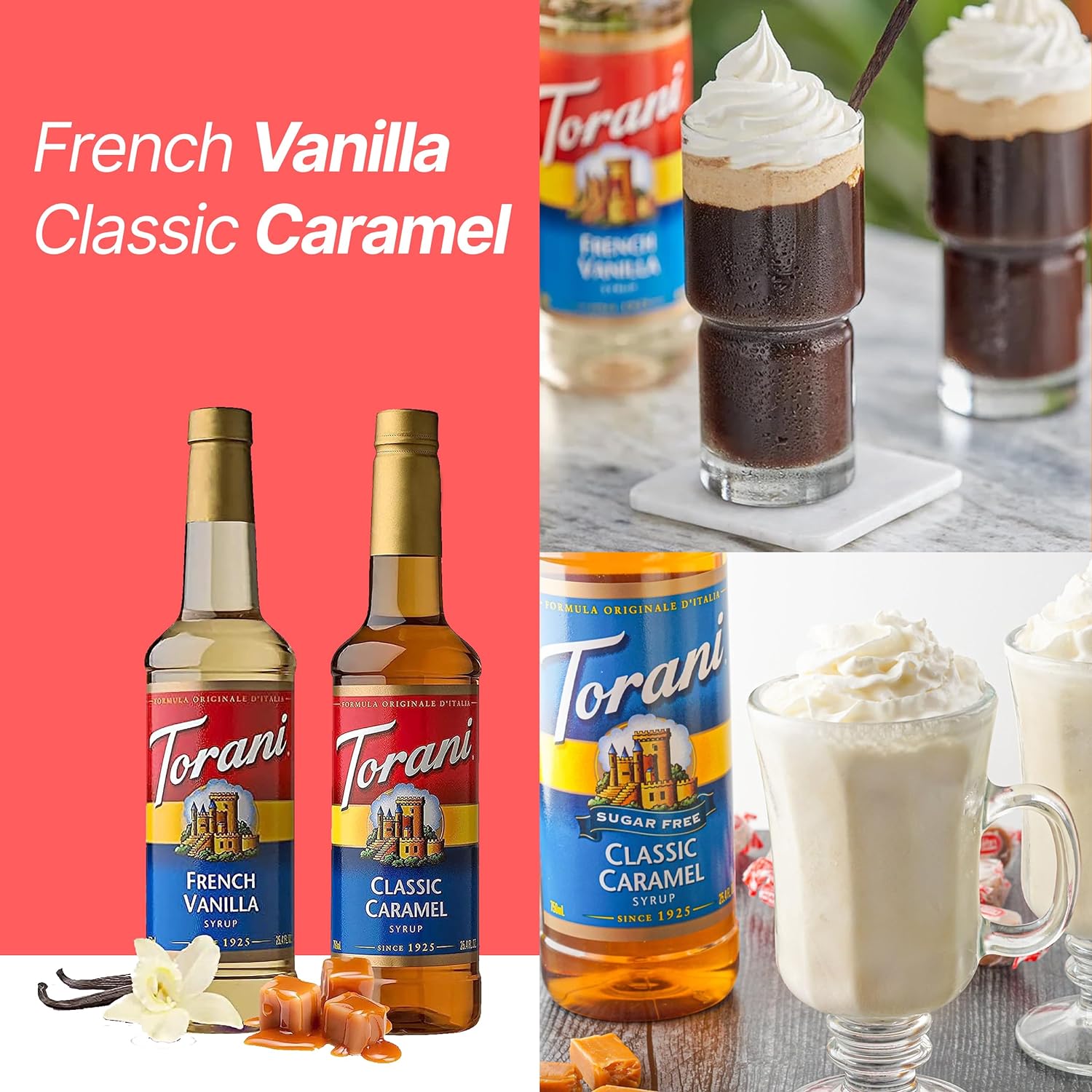 Coffee Syrup Variety Pack - Vanilla & Caramel Syrup for Coffee with 2 Jimoco Syrup Pump Dispenser Compatible with Torani Syrup 25.4 Ounces for Vanilla & Caramel & French Vanilla Flavored Coffee, Italian Soda, Lattes, Frappes (French Vanilla & Classic Cara