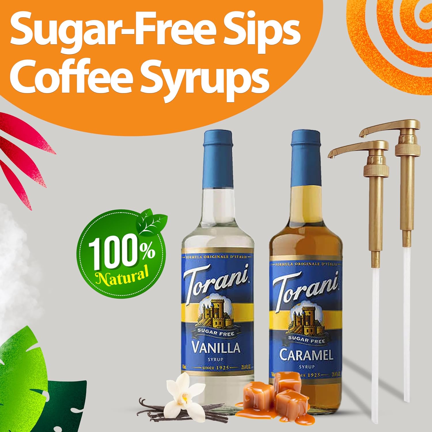 Torani Coffee and Tea Syrup Variety Pack - SF Vanilla and Caramel Syrup for Coffee with 2 Jimoco Syrup Pump Dispenser Compatible with Torani Syrup