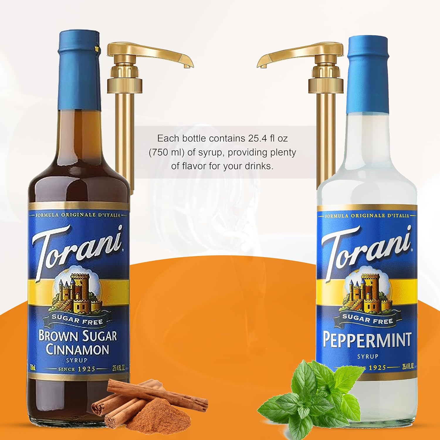 Torani Coffee Syrup Winter Flavors Variety Pack - Sugar Free Brown Sugar Cinnamon and Peppermint Syrup for Coffee with 2 Jimoco Syrup Pump Dispenser