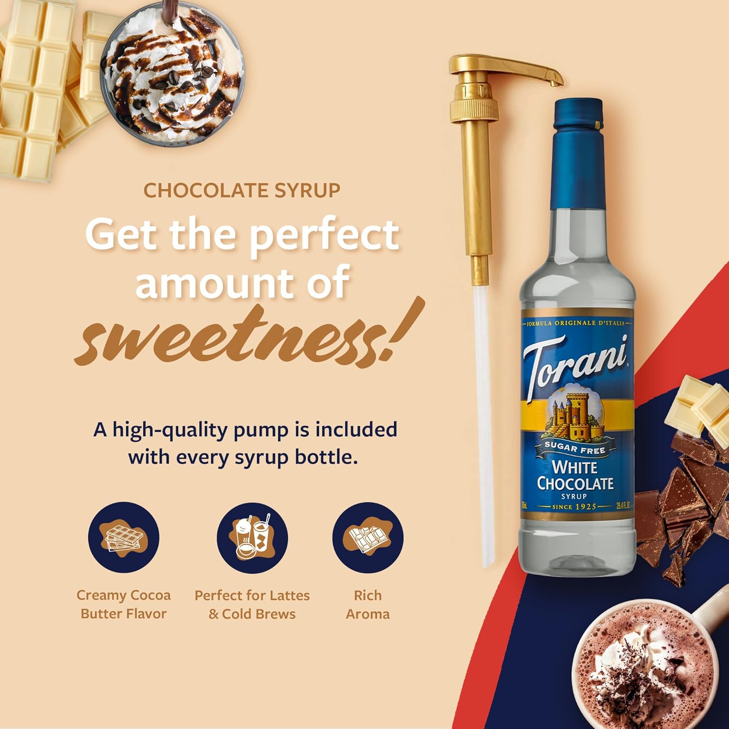 Torani Sugar Free Coffee Syrup, White Chocolate Flavored Syrup for Drinks, Zero Calorie, Pump Included, 25.4 Fl Oz