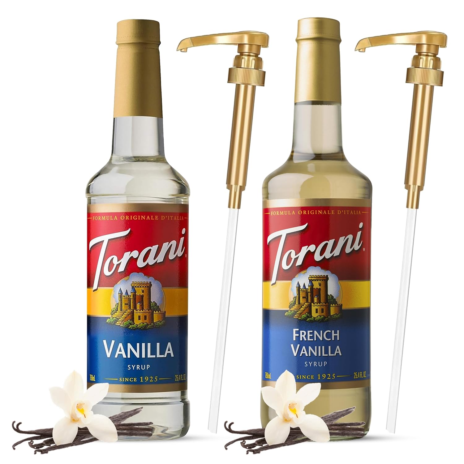 Torani Coffee Syrup Variety Pack - French Vanilla & Vanilla Syrup for Coffee with 2 Jimoco Syrup Pump Dispenser Compatible with Torani Syrup 25.4 Ounces for Flavored Coffee, Italian Soda, Lattes, Frappes