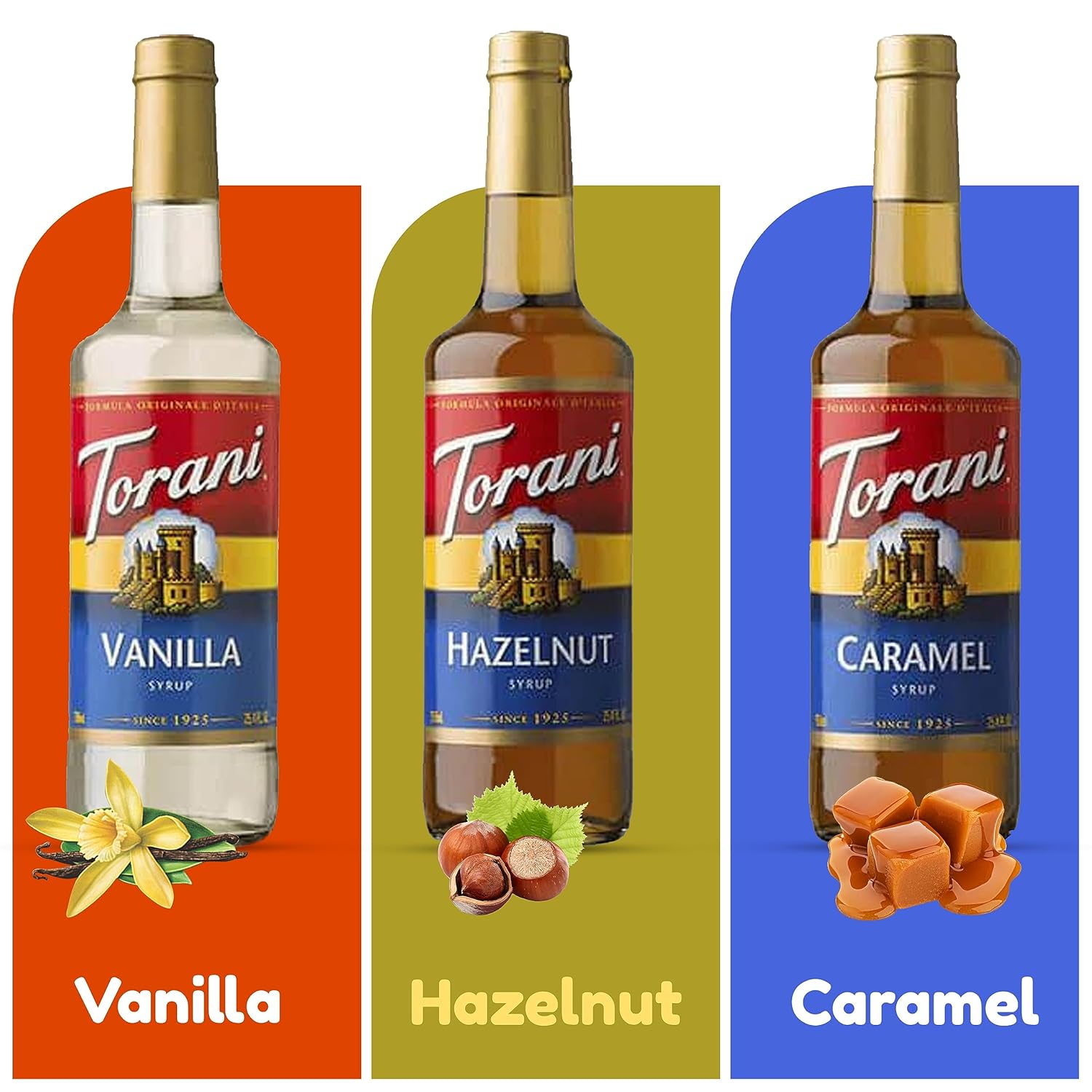 Coffee Syrup Variety Pack - Vanilla, Caramel & Hazelnut Coffee & Soda Flavoring -Three - 25.4 Fl. Oz Bottles