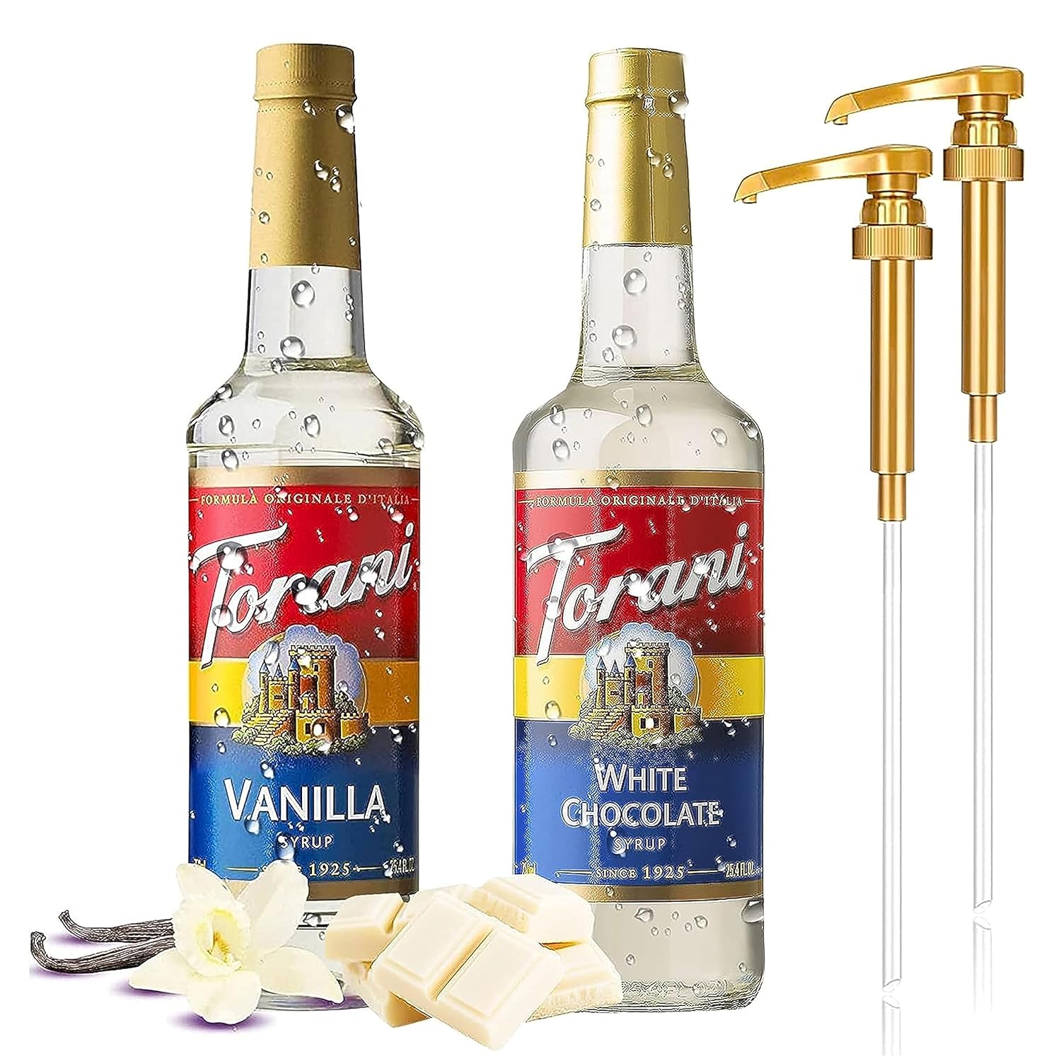 Torani Coffee and Tea Syrup Variety Pack - Vanilla & White Chocolate Syrup for Coffee with 2 Jimoco Syrup Pump Dispenser Compatible with Torani Syrup