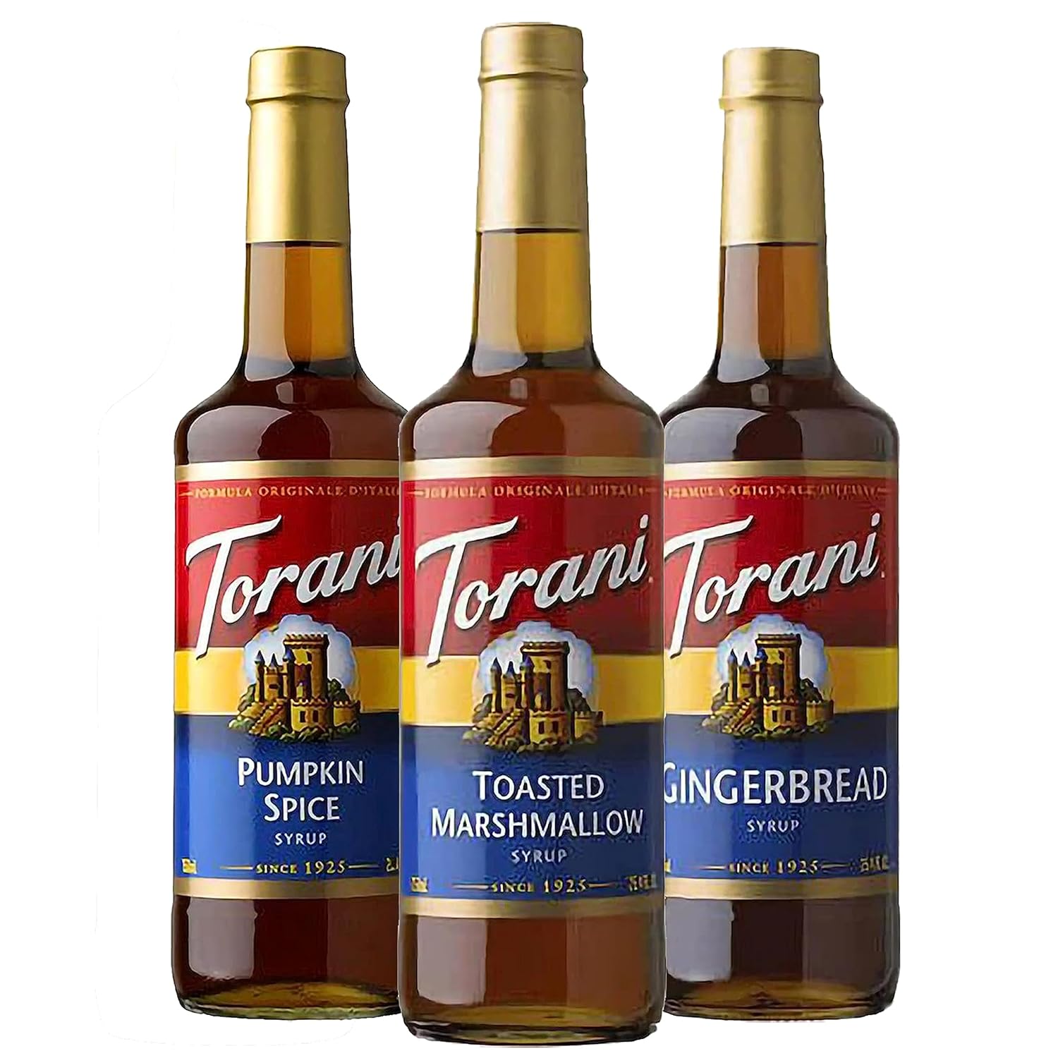 Torani Summer Syrup 3 Pack, Gingerbread, Pumpkin Spice & Toasted Marshmallow, Italian Soda Flavors - With 3 Jimoco Pump Dispensers