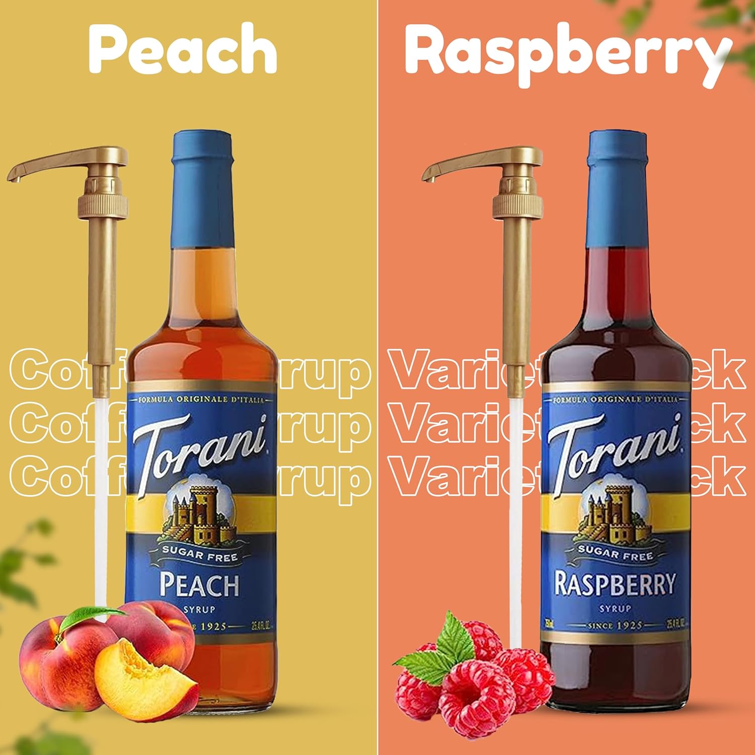 Coffee Syrup Variety Pack - Sugar Free Raspberry & Peach Syrup for Coffee with 2 Jimoco Syrup Pump Dispenser Compatible with Torani Syrup 25.4 Ounces for Raspberry & Peach Flavored Coffee, Italian Soda, Lattes, Frappes